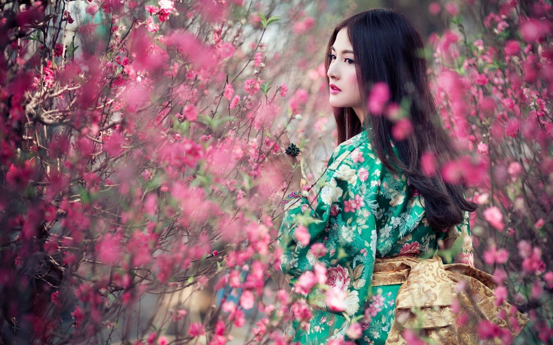 Japan Girl, pink flower field, green floral kimono, Full HD Desktop Wallpaper