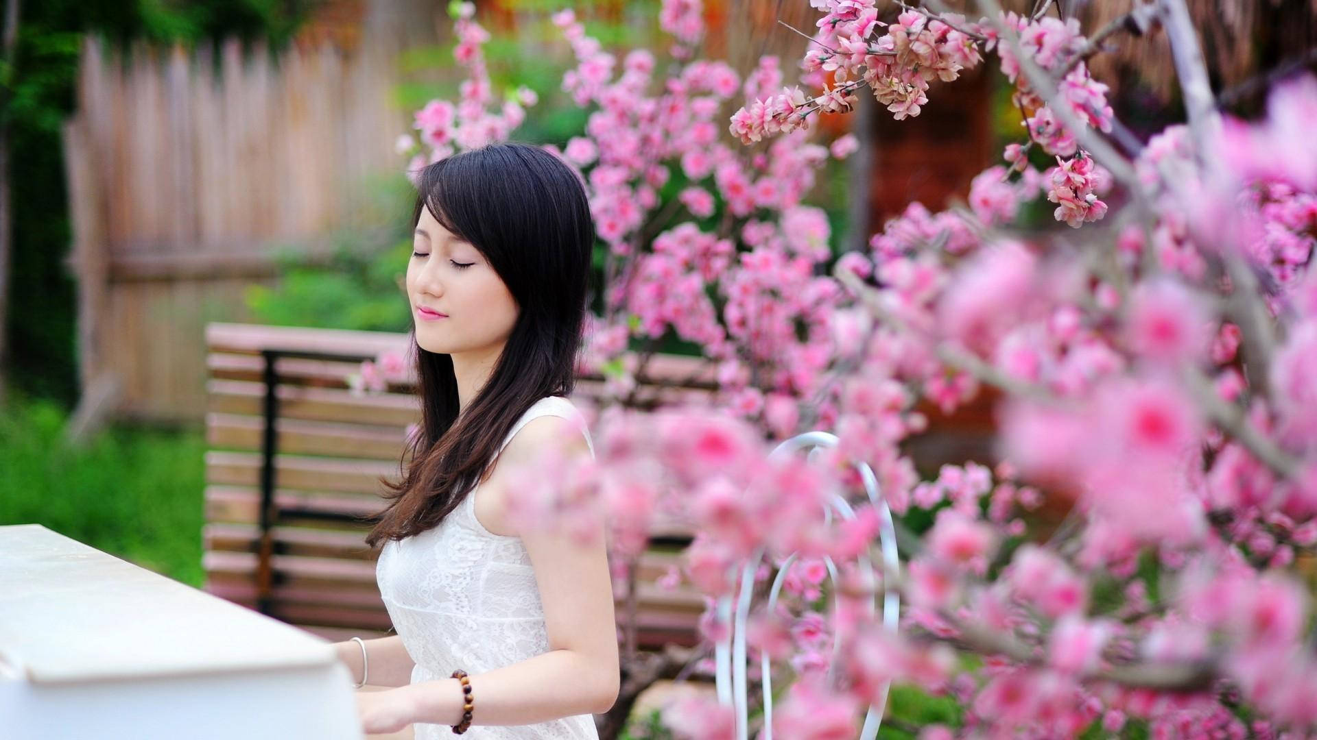 Japan Girl, piano, pink cherry blossoms, Full HD Desktop Wallpaper