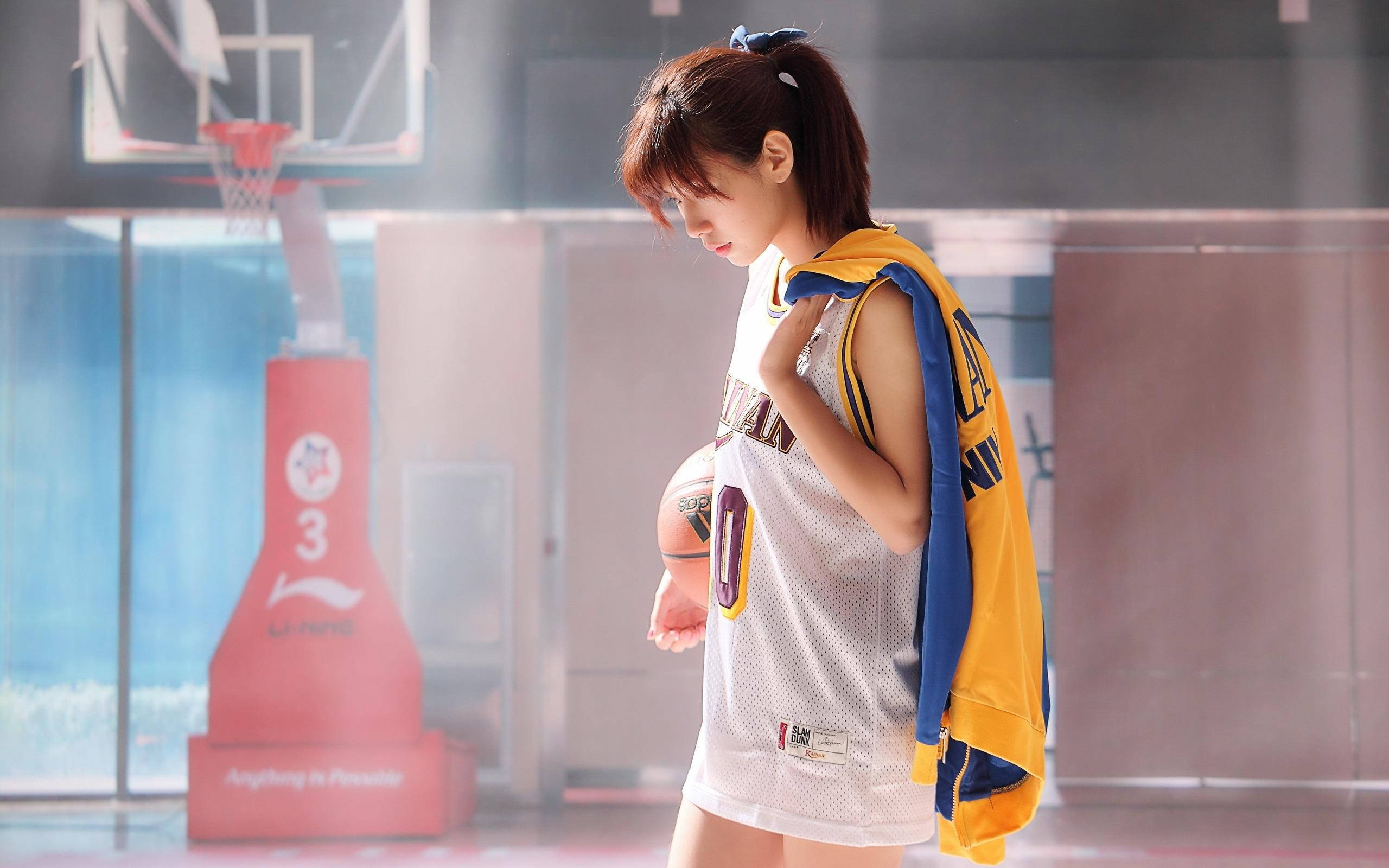 Japan Girl, white basketball jersey, sunlit indoor court, 2K Desktop Wallpaper