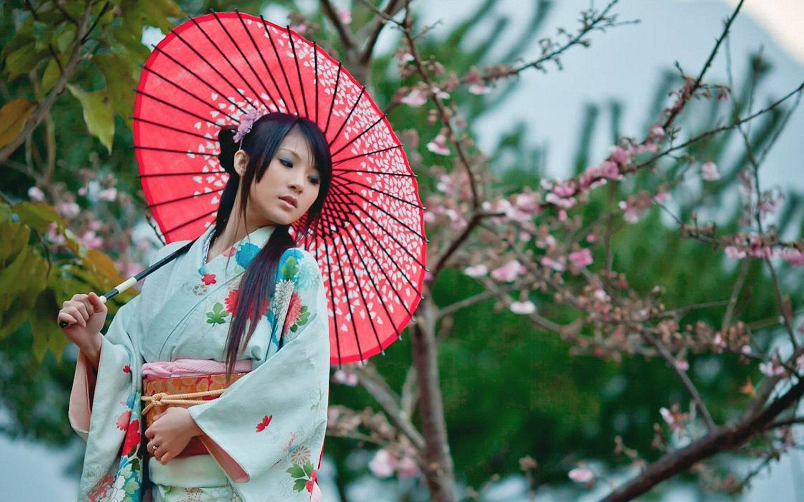 Japan Girl, red umbrella, yukata, 2K Desktop Wallpaper