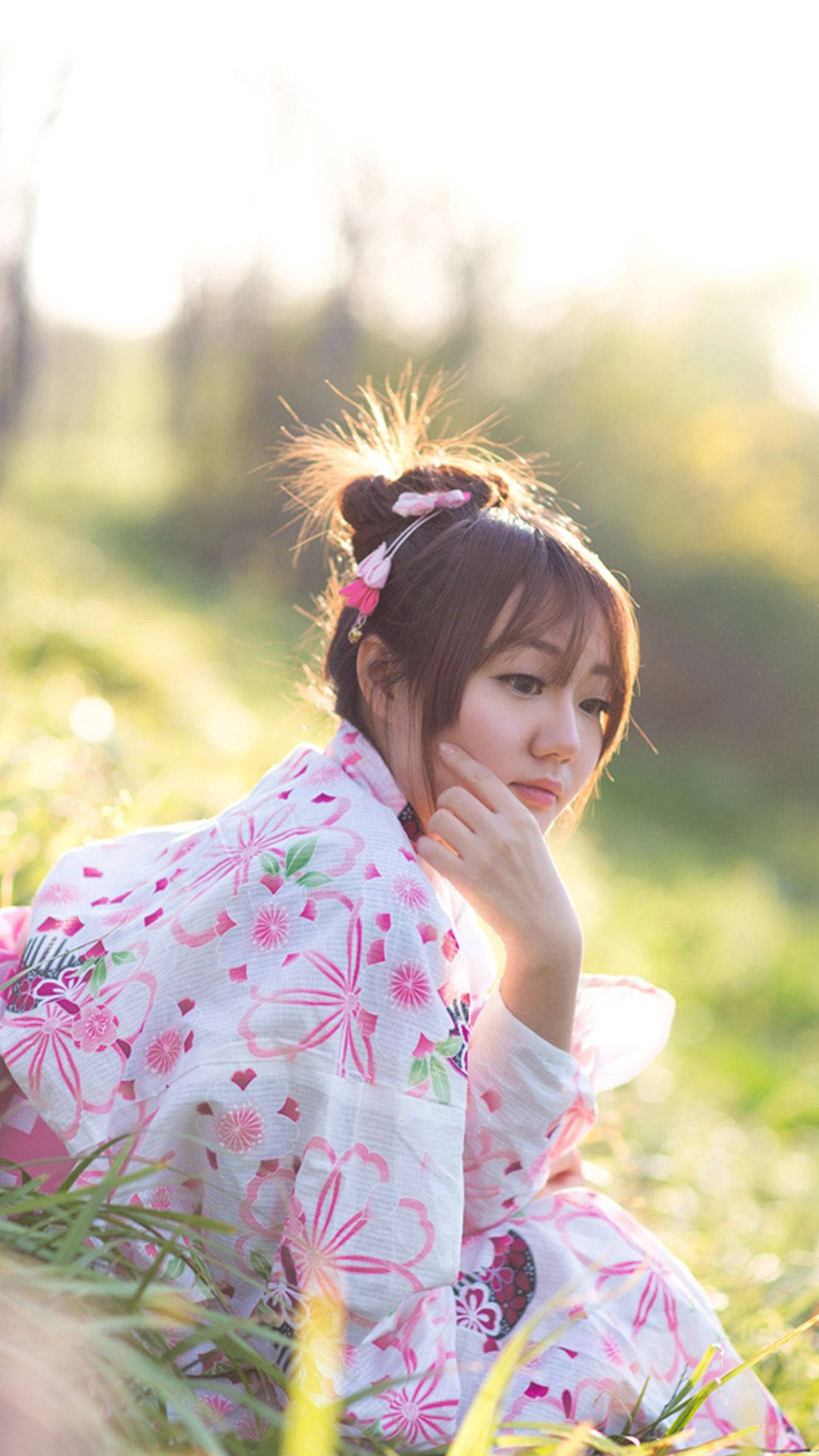 Japan Girl, floral yukata, pink floral kimono, Full HD Phone Wallpaper