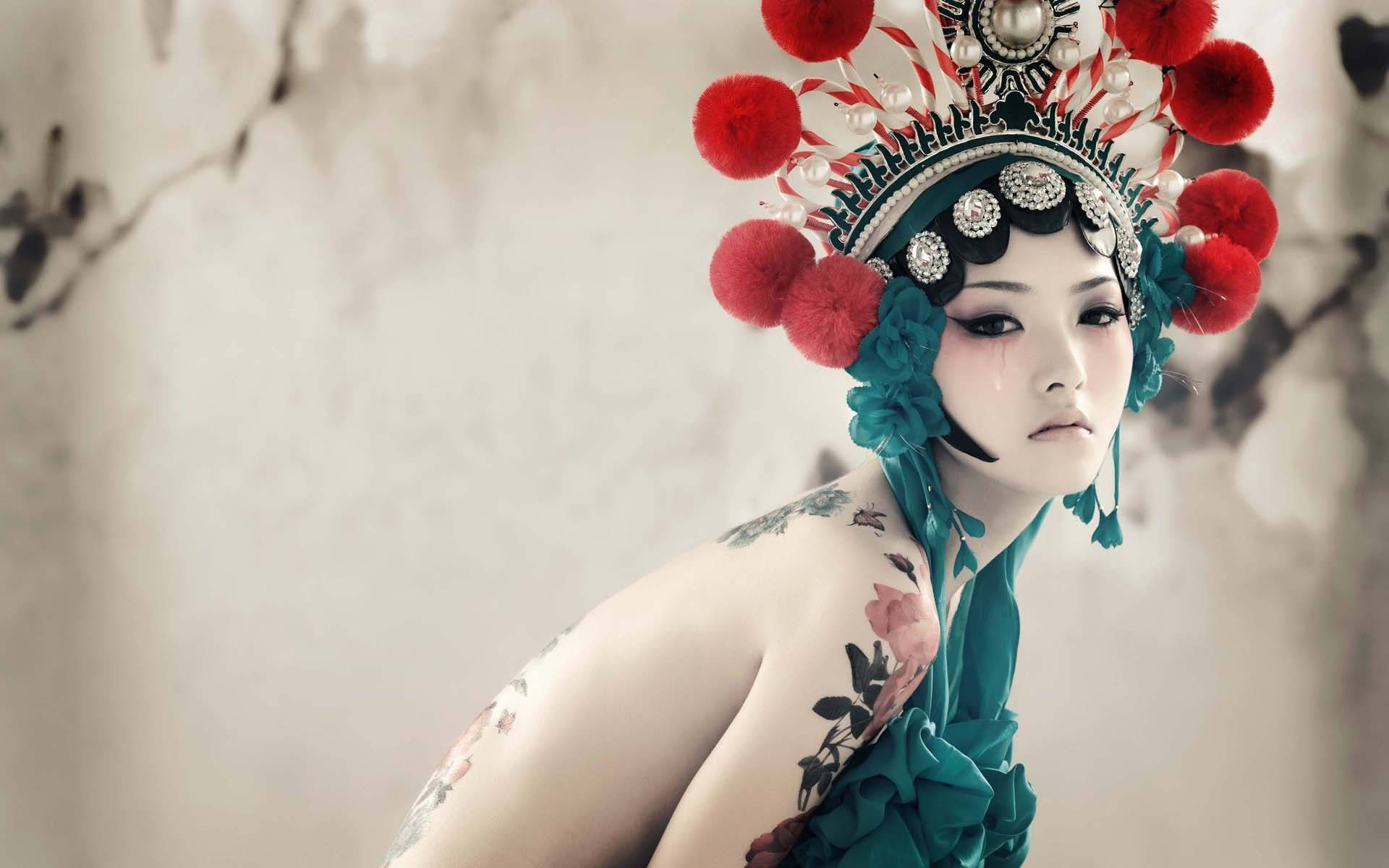 Japan Girl, tribal headdress, floral tattoo, Full HD Desktop Wallpaper