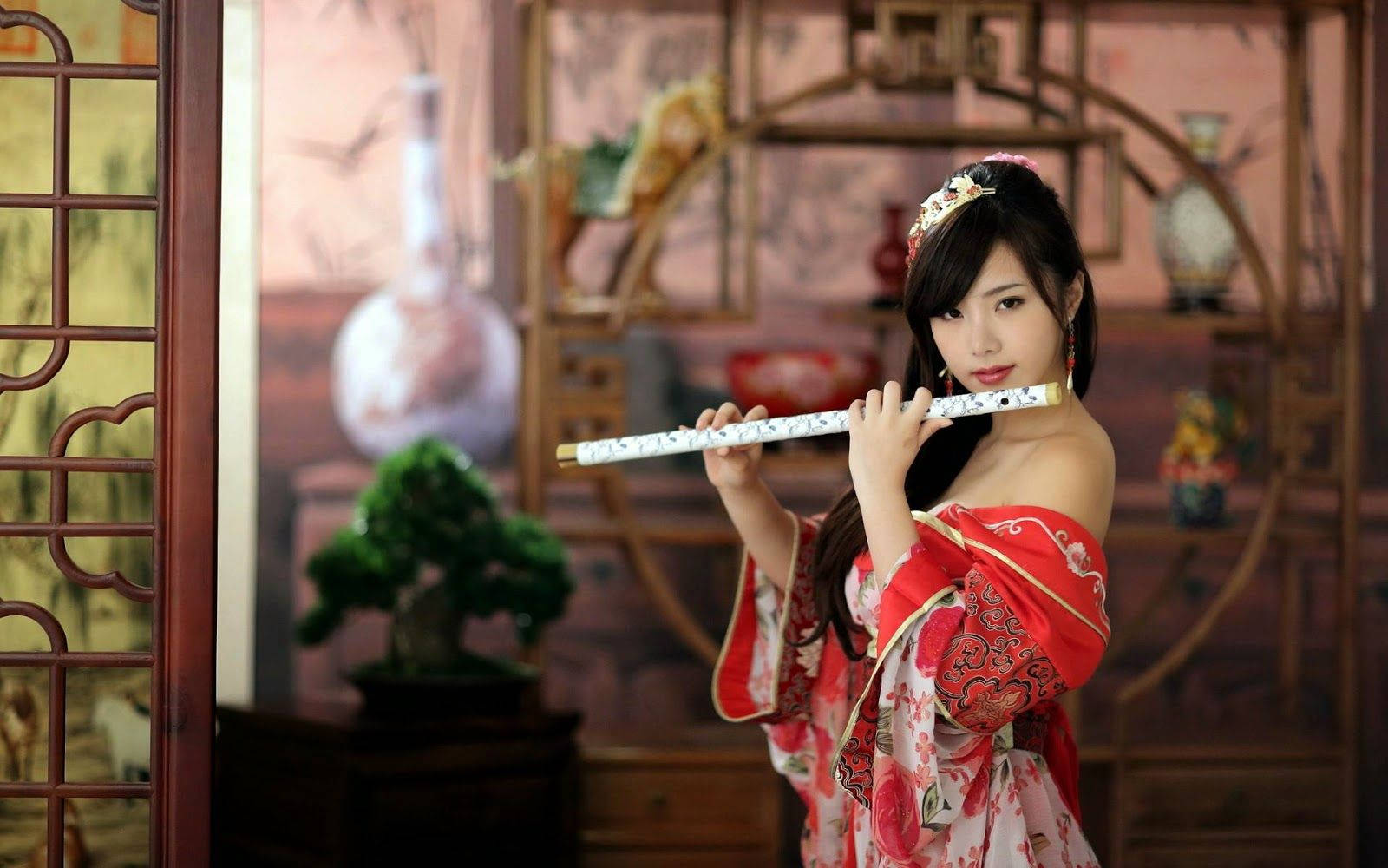 Japan Girl, red kimono, traditional flute, HD Desktop Wallpaper