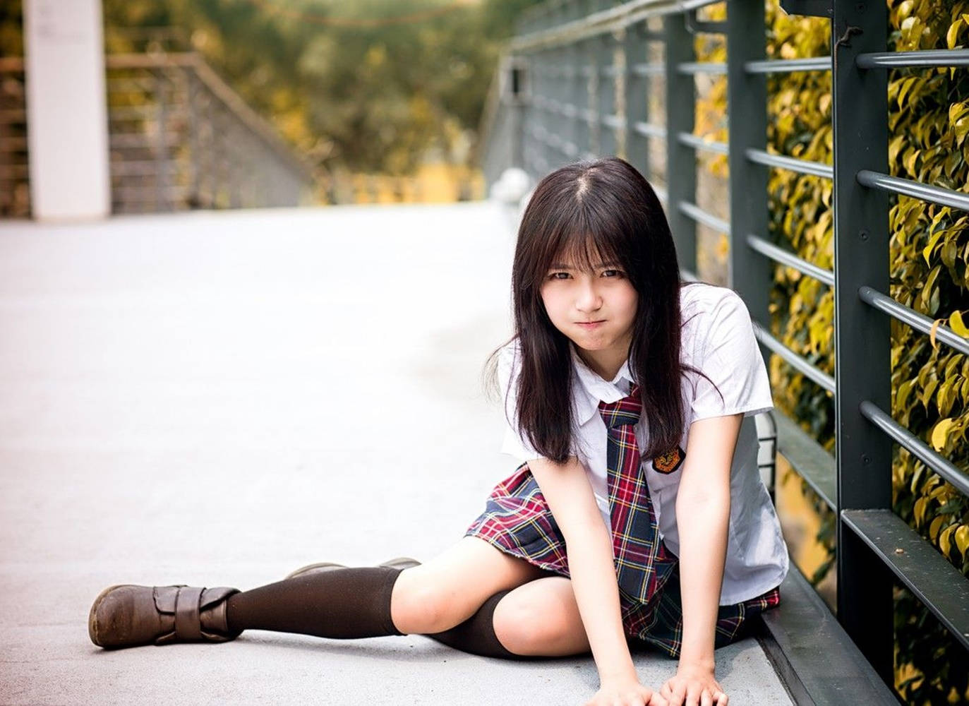Japan Girl, school uniform, concrete walkway, HD Desktop Wallpaper