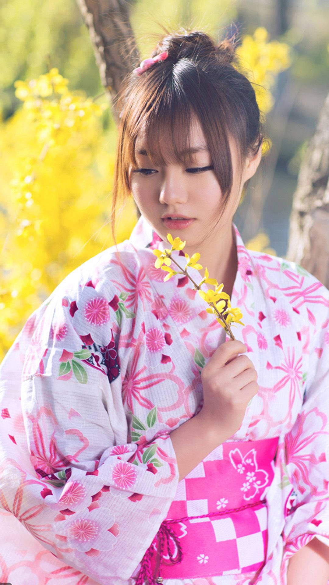 Japan Girl, pink floral yukata, yellow blossom branch, Full HD Phone Wallpaper