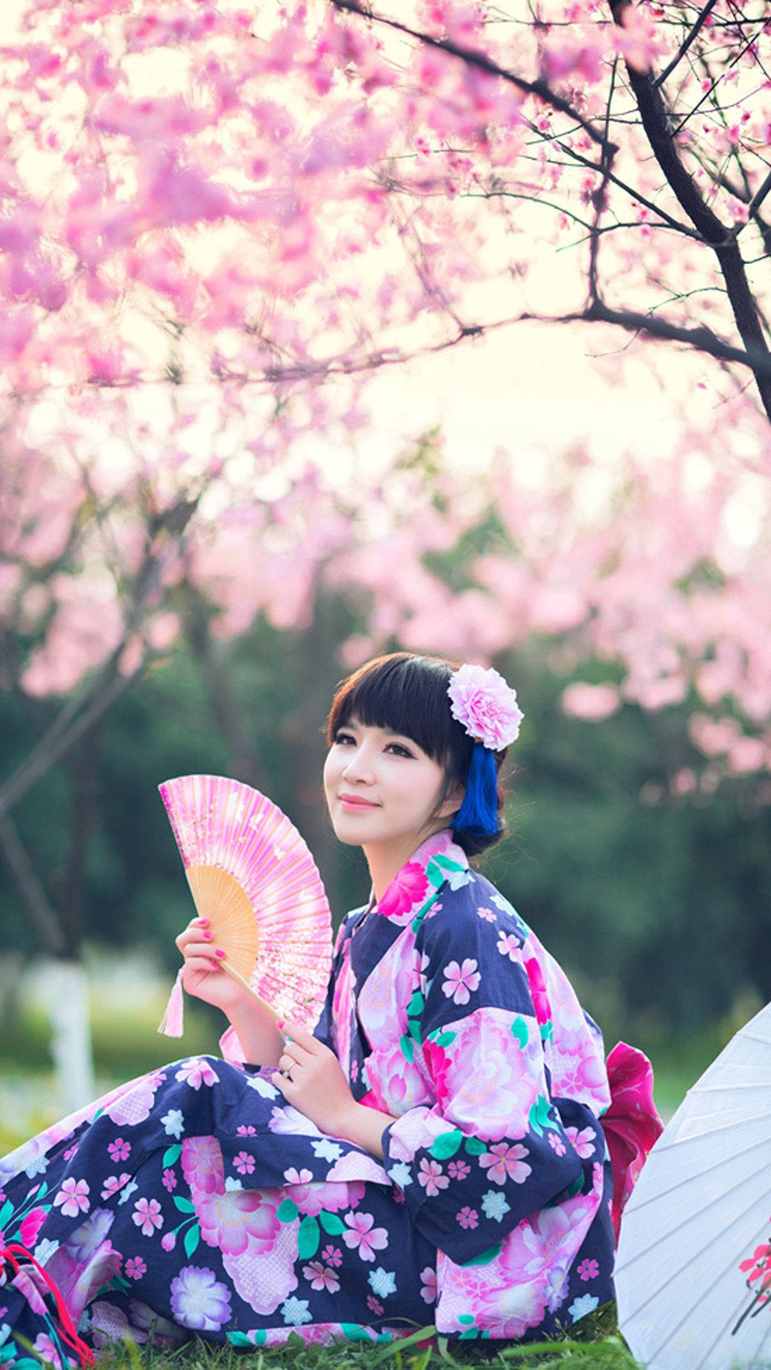 Japan Girl, floral yukata, sakura tree, Full HD Phone Wallpaper