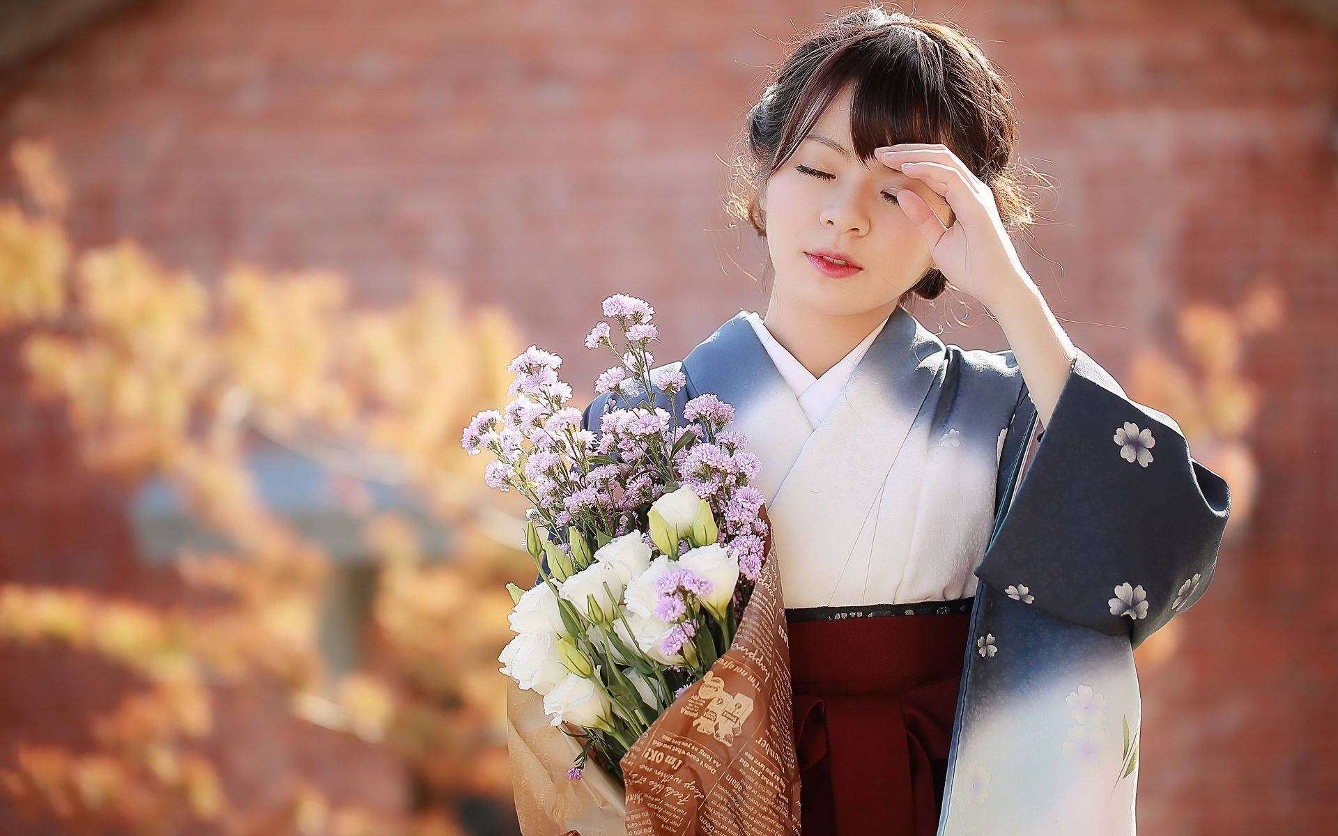 Japan Girl, kimono, white and purple flowers, Full HD Desktop Wallpaper