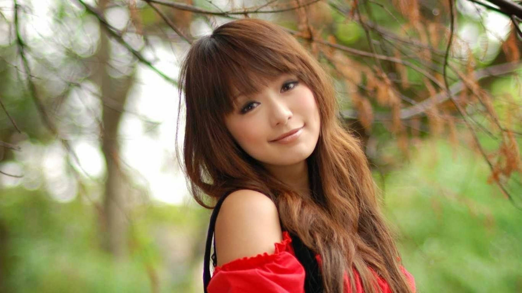 Japan Girl, long brown hair, red off-shoulder top, HD Desktop Wallpaper