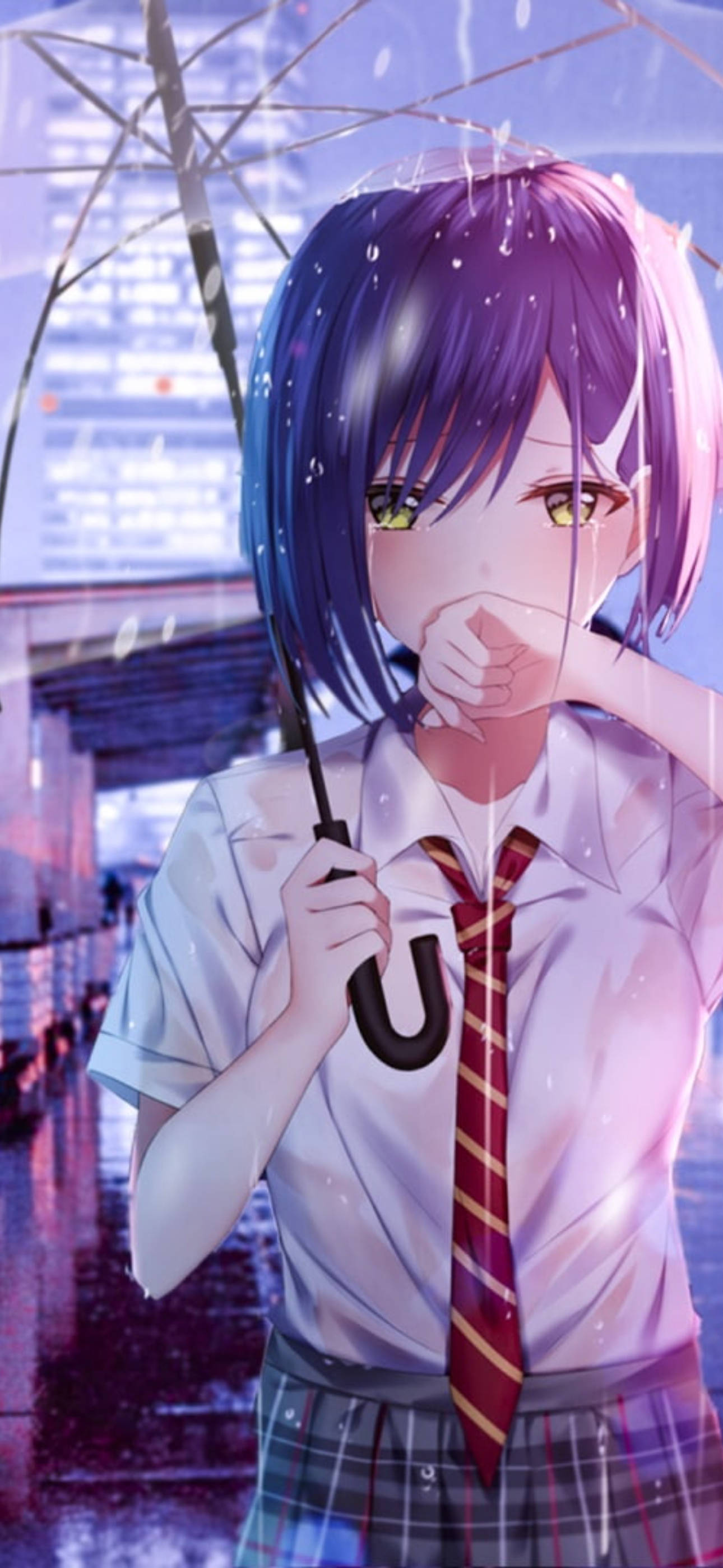 purple-haired anime girl, school uniform, umbrella, 2K Phone Wallpaper