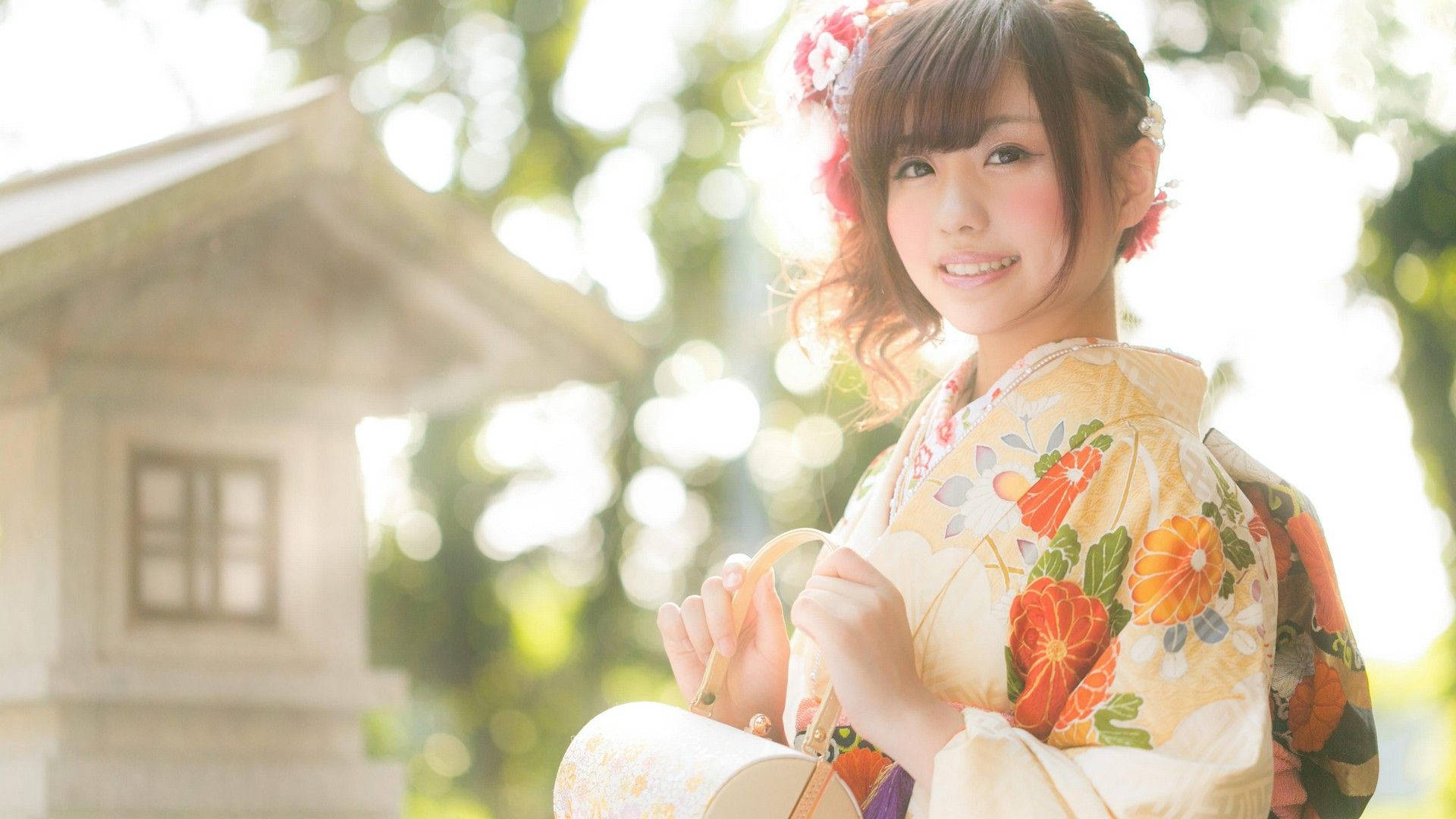 Japan Girl, orange floral kimono, stone lantern, Full HD Desktop Wallpaper