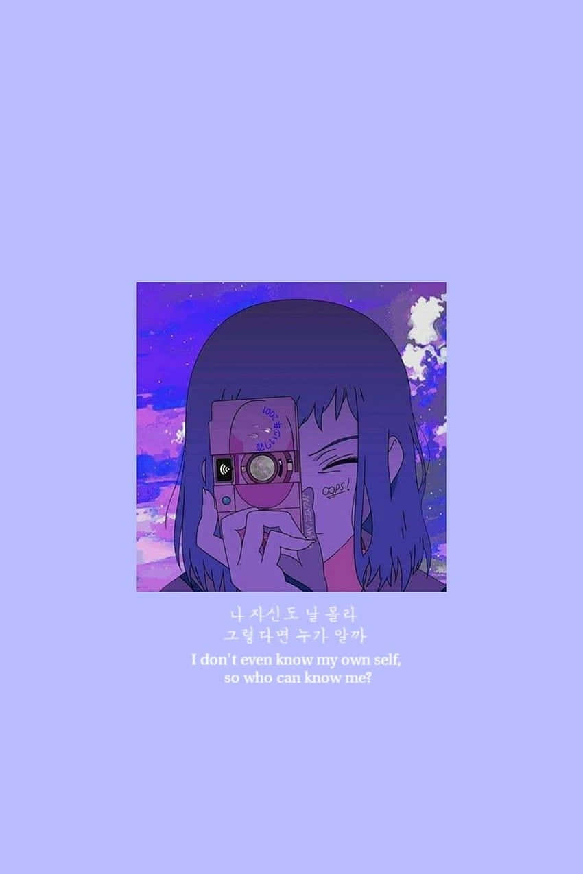 purple-haired anime girl, winks, holding a camera, SD Phone Wallpaper