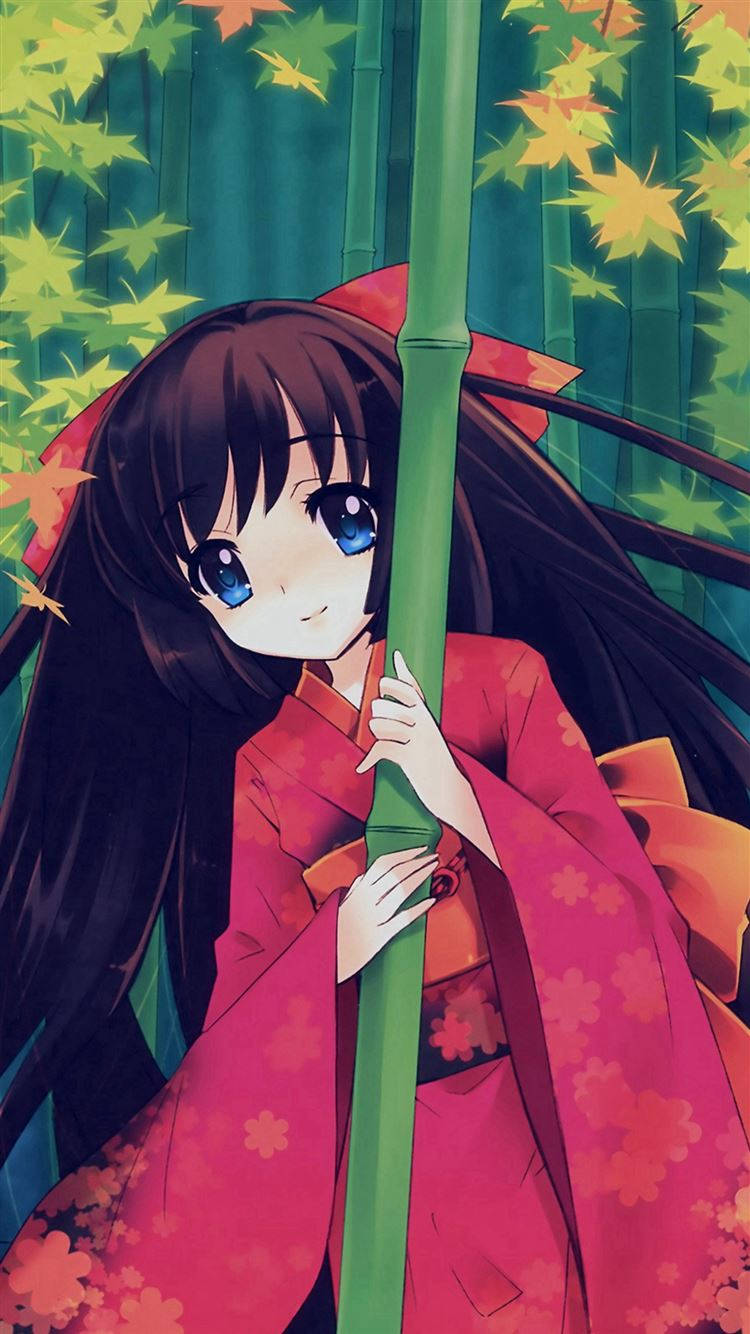 red kimono, bamboo stalk, vibrant green maple leaves, HD Phone Wallpaper