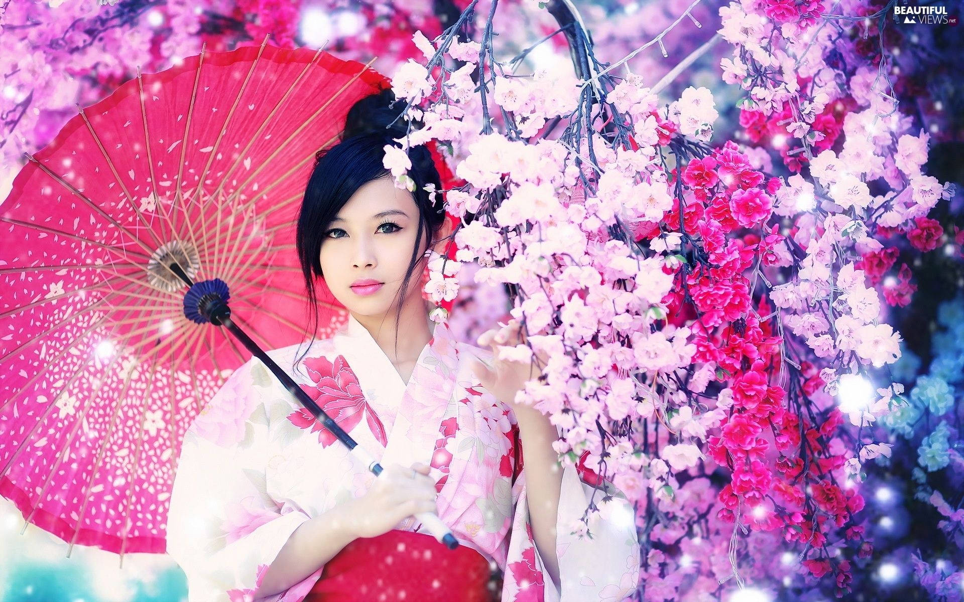 Japan Girl, pink kimono, red parasol, Full HD Desktop Wallpaper