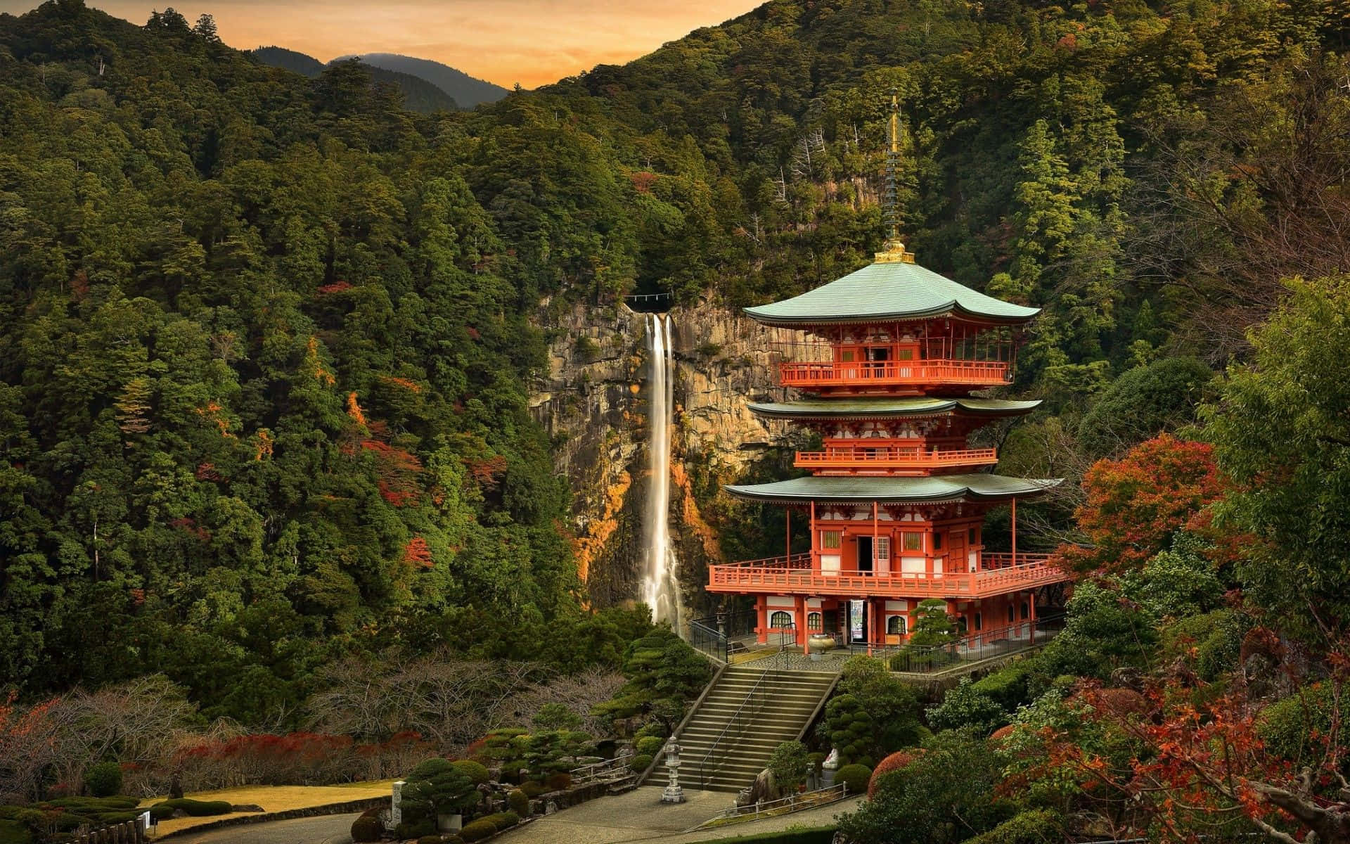 pagoda, waterfall, lush forest, Full HD Desktop Wallpaper