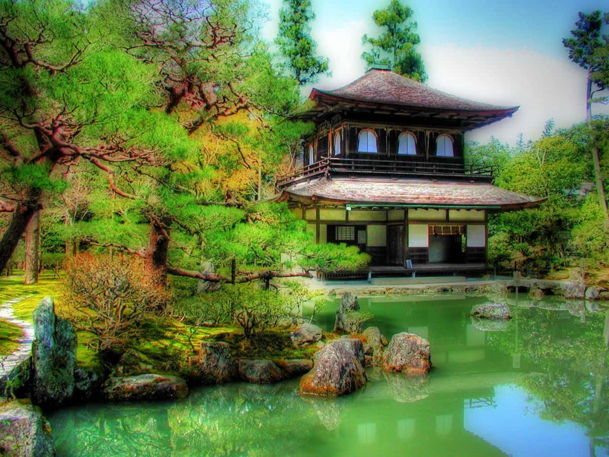 traditional Japanese pavilion, curved roofs, tranquil pond, SD Desktop Wallpaper