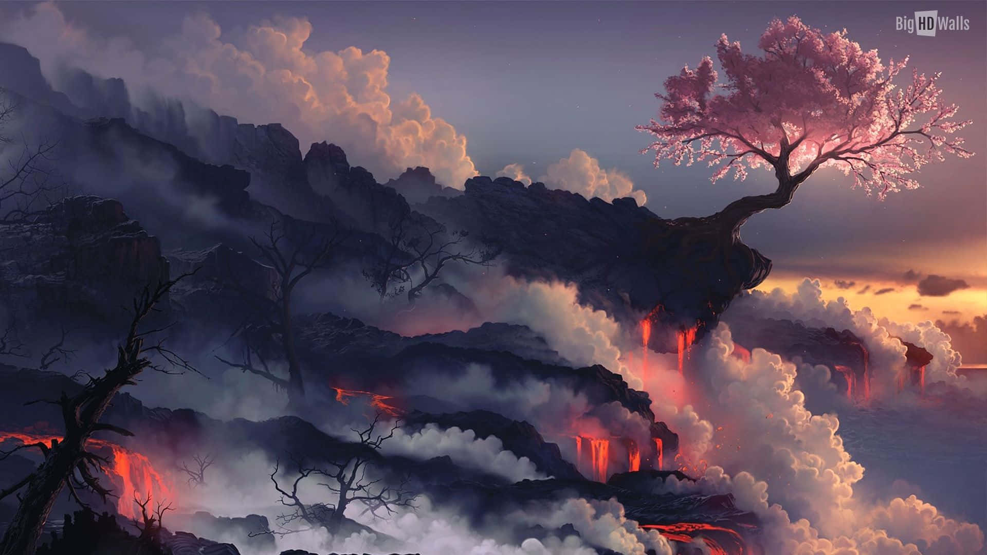 pink cherry blossom tree, cliff, glowing lava flows, Full HD Desktop Wallpaper