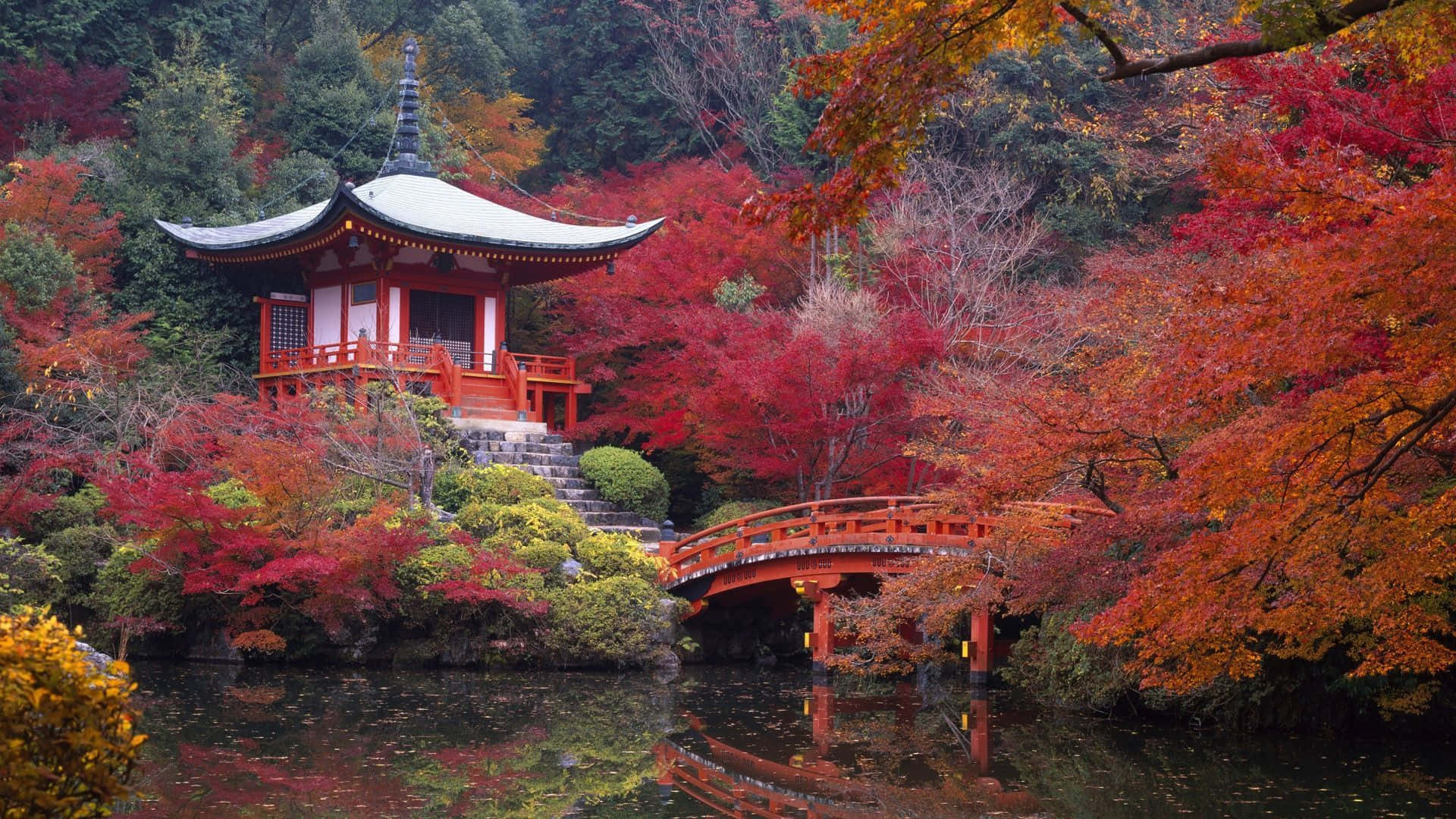 Japan Landscape, traditional Japanese pavilion, arched bridge, Full HD Desktop Wallpaper