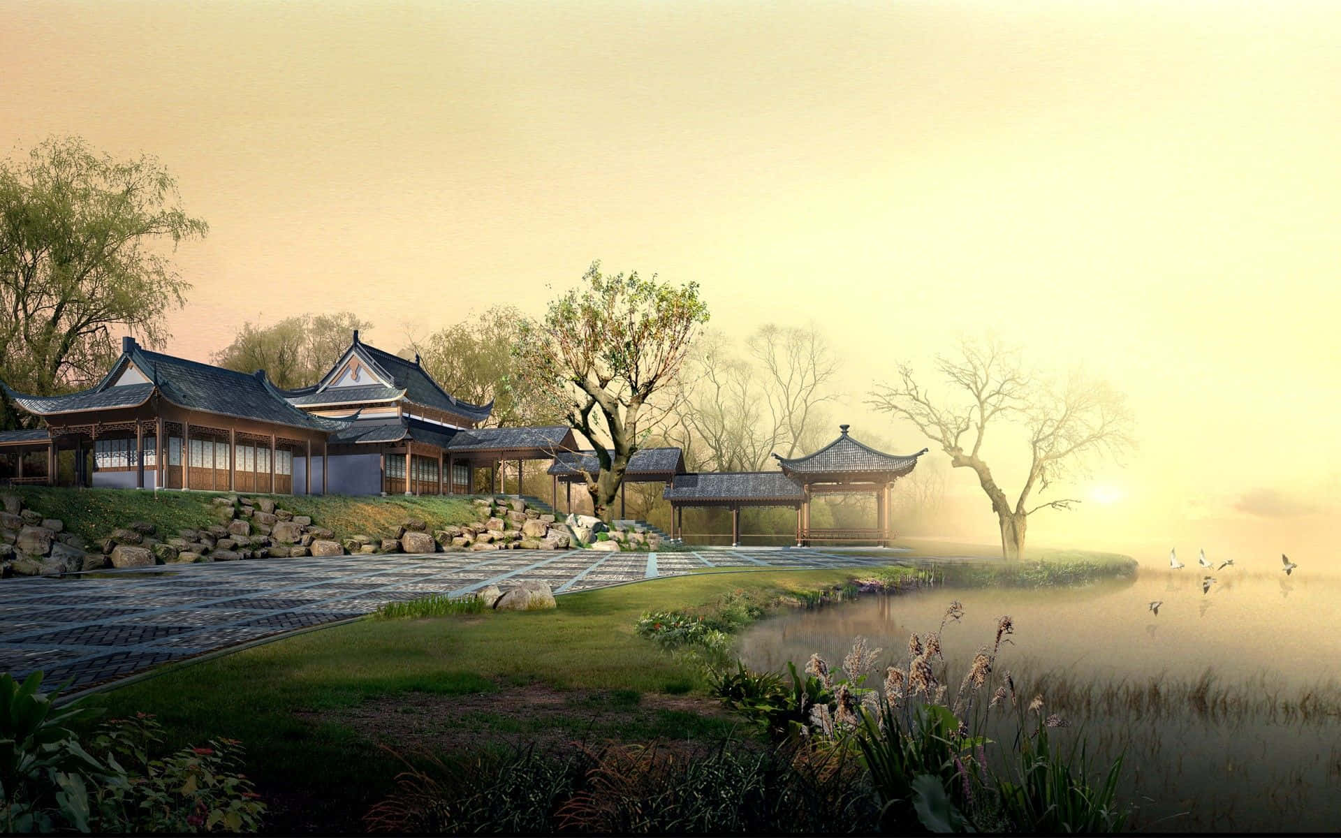 Japan Landscape, traditional wooden pavilions, stone path, Full HD Desktop Wallpaper