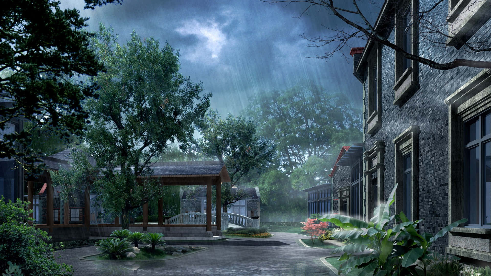 Japan Landscape, misty courtyard, stone buildings, Full HD Desktop Wallpaper