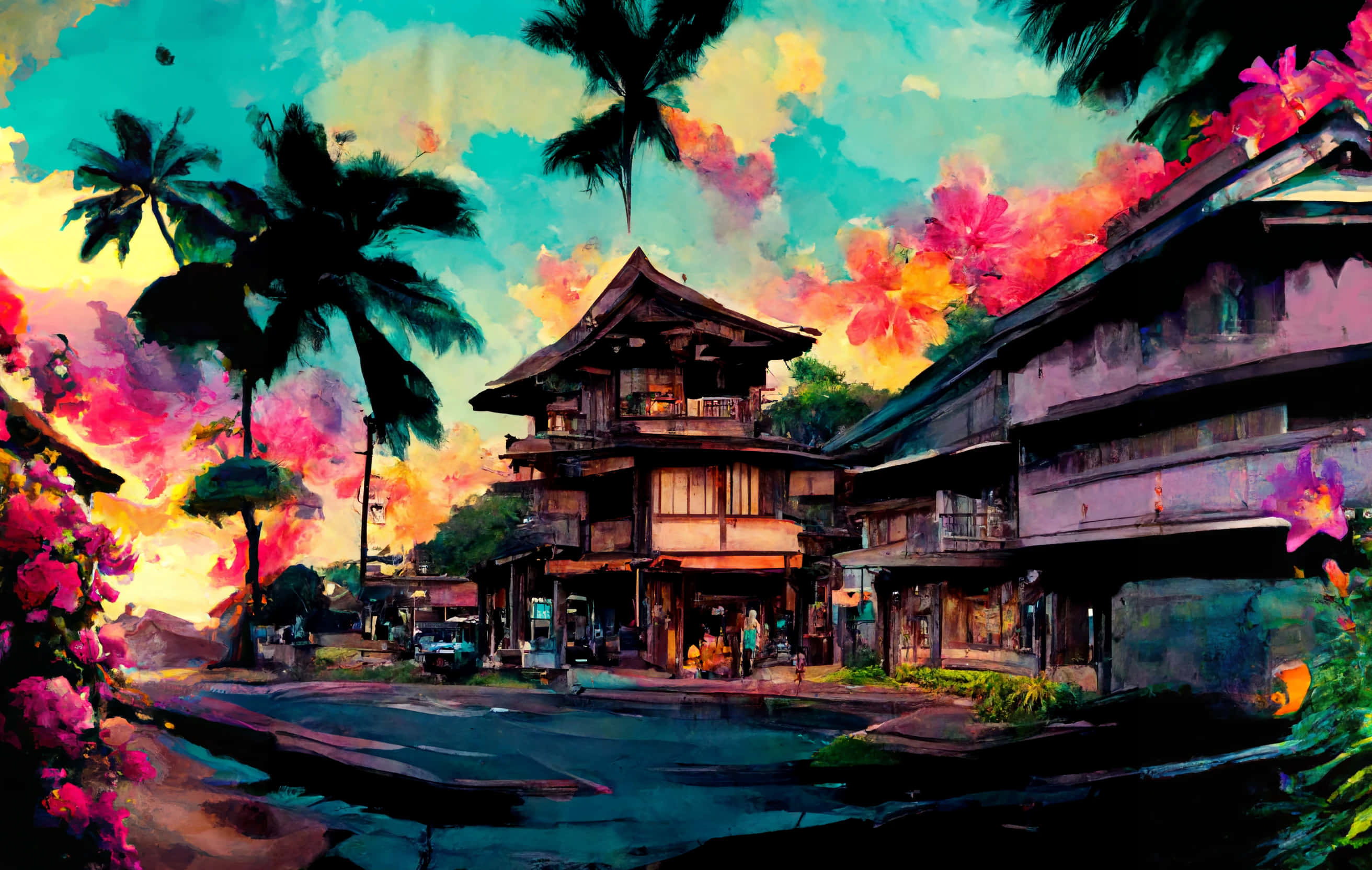 old japanese, sunset, palm trees, 2K Desktop Wallpaper