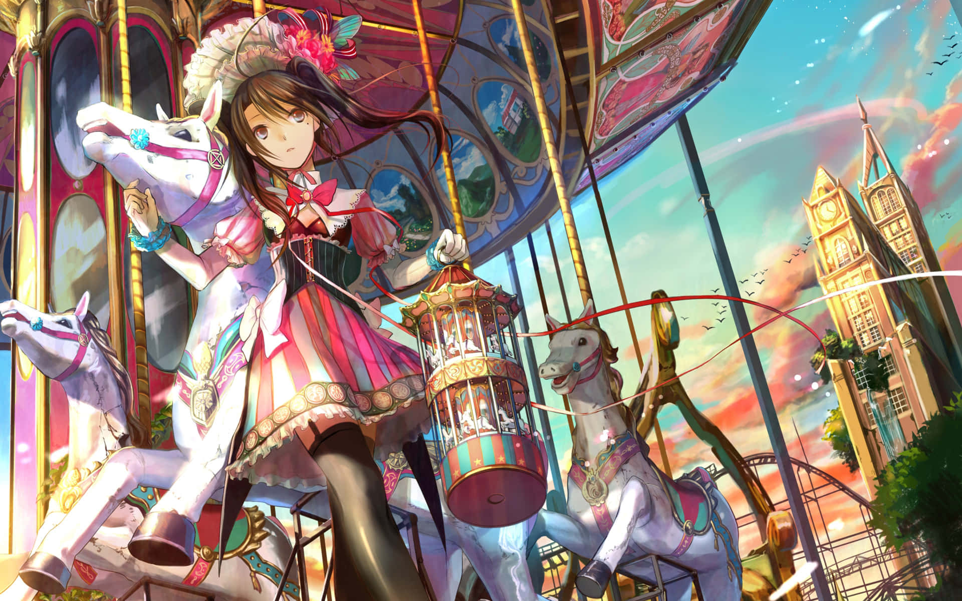 anime girl, colorful dress, carousel horse, Full HD Desktop Wallpaper
