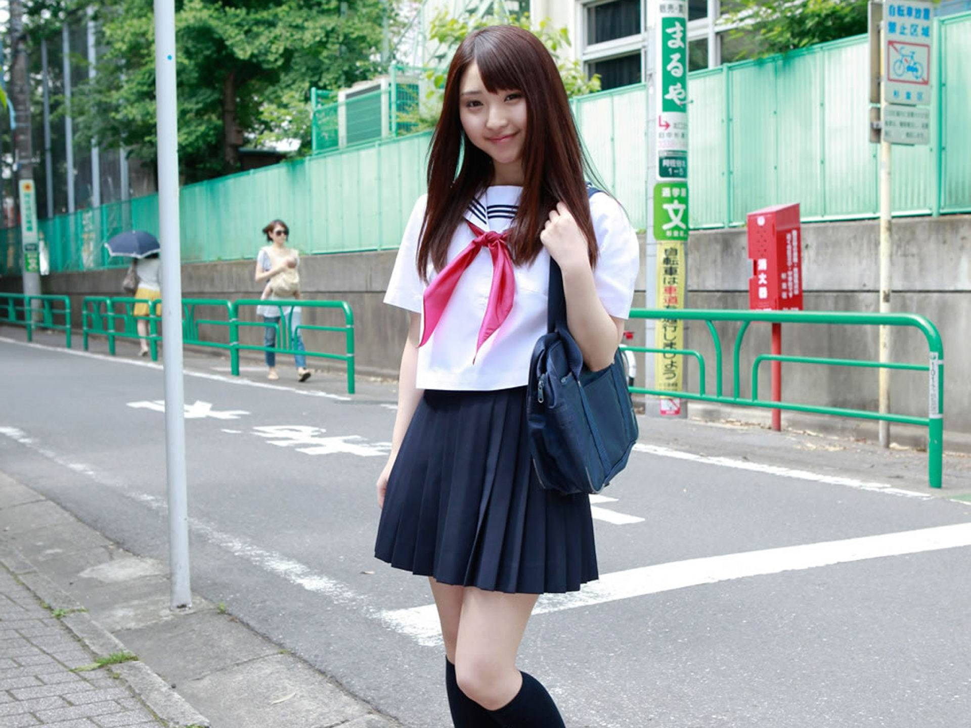 Japanese schoolgirl, white sailor uniform, red bow, Full HD Desktop Wallpaper