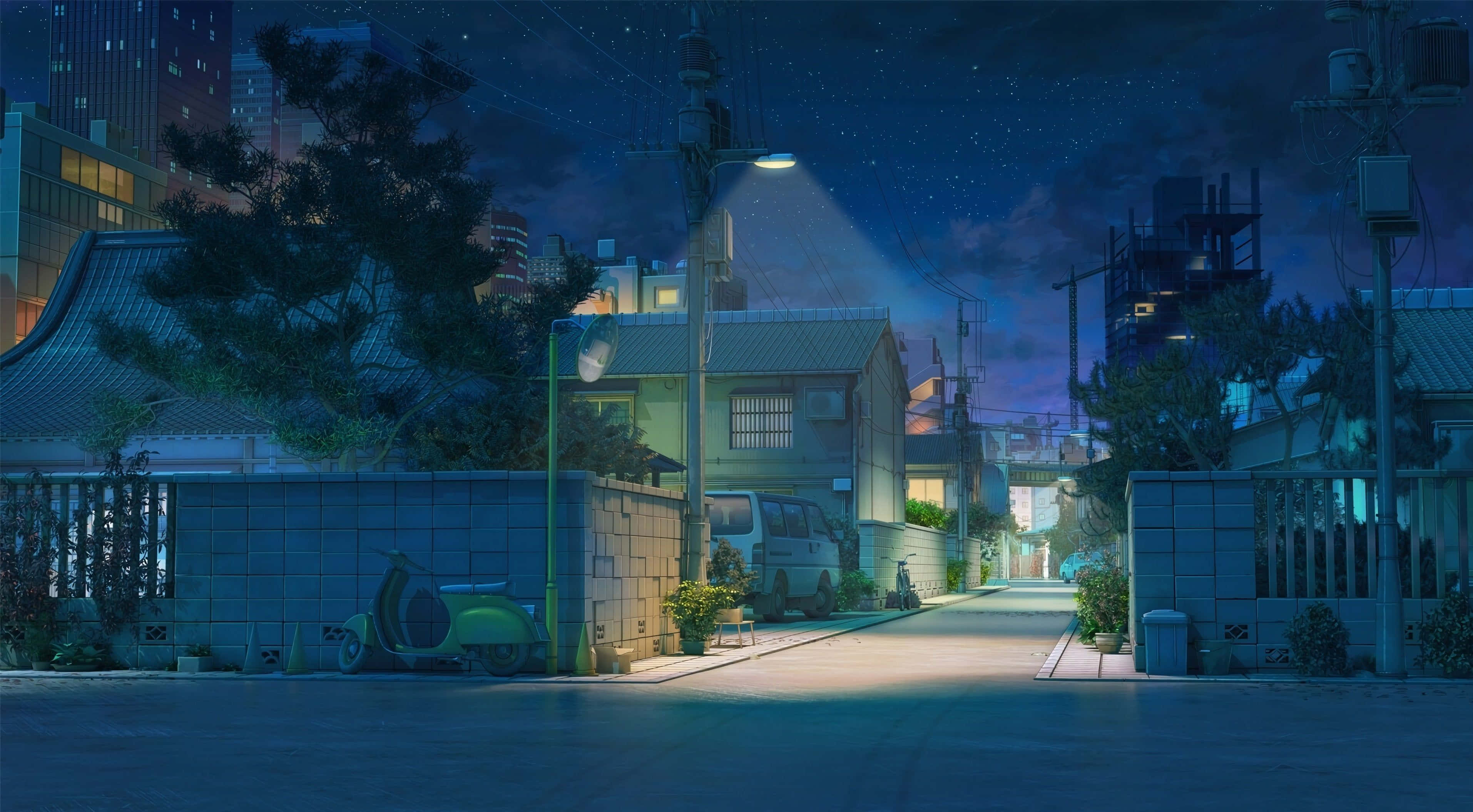 Japanese Aesthetic, anime street, blue moonlight, 2K Desktop Wallpaper