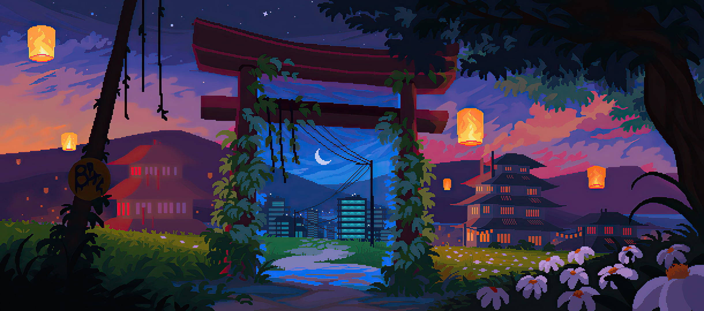 pixel-art, shrine gate, twilight, Full HD Desktop Wallpaper