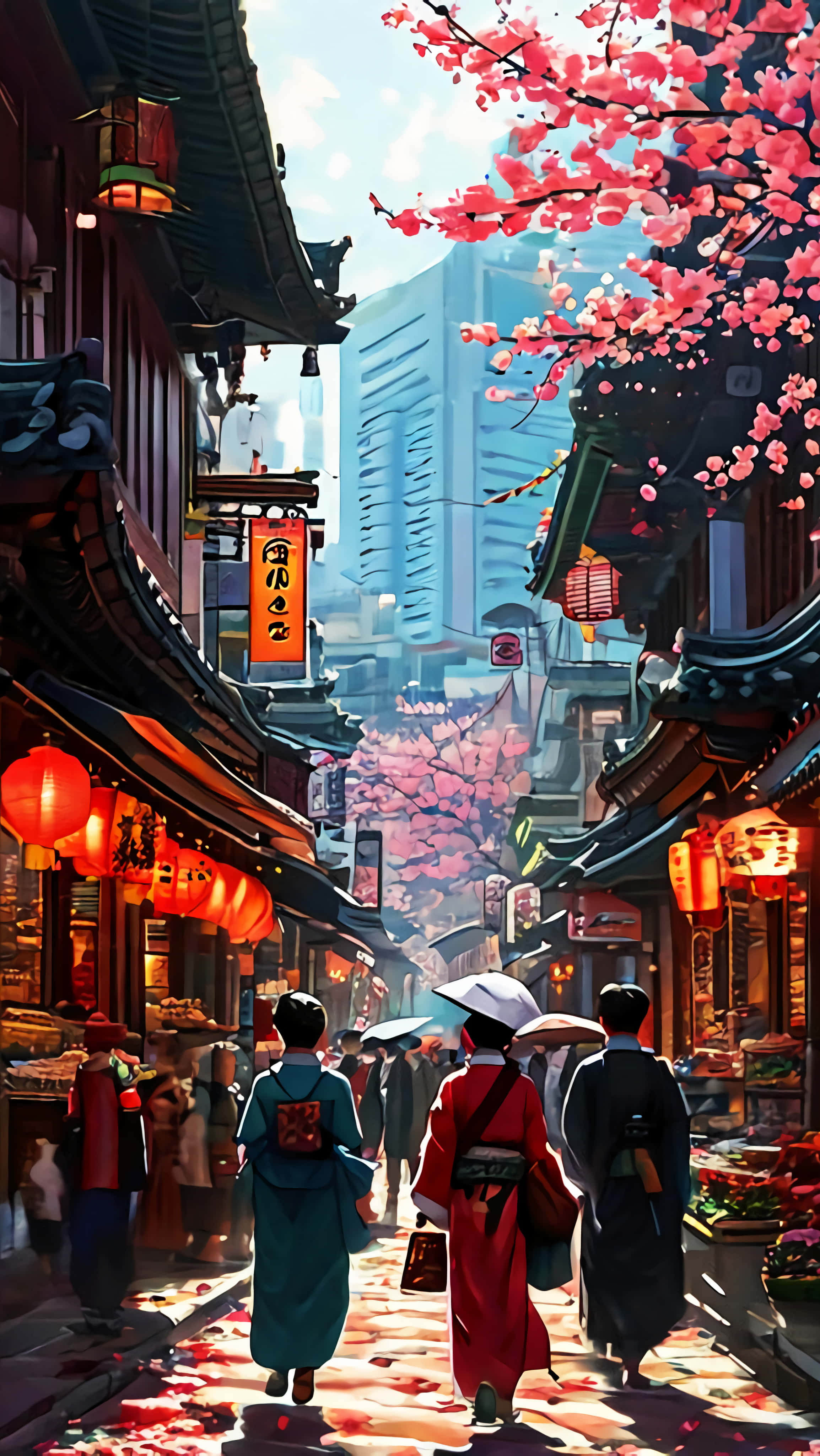 cherry blossoms, traditional Japanese lanterns, modern skyscrapers, 4K Phone Wallpaper