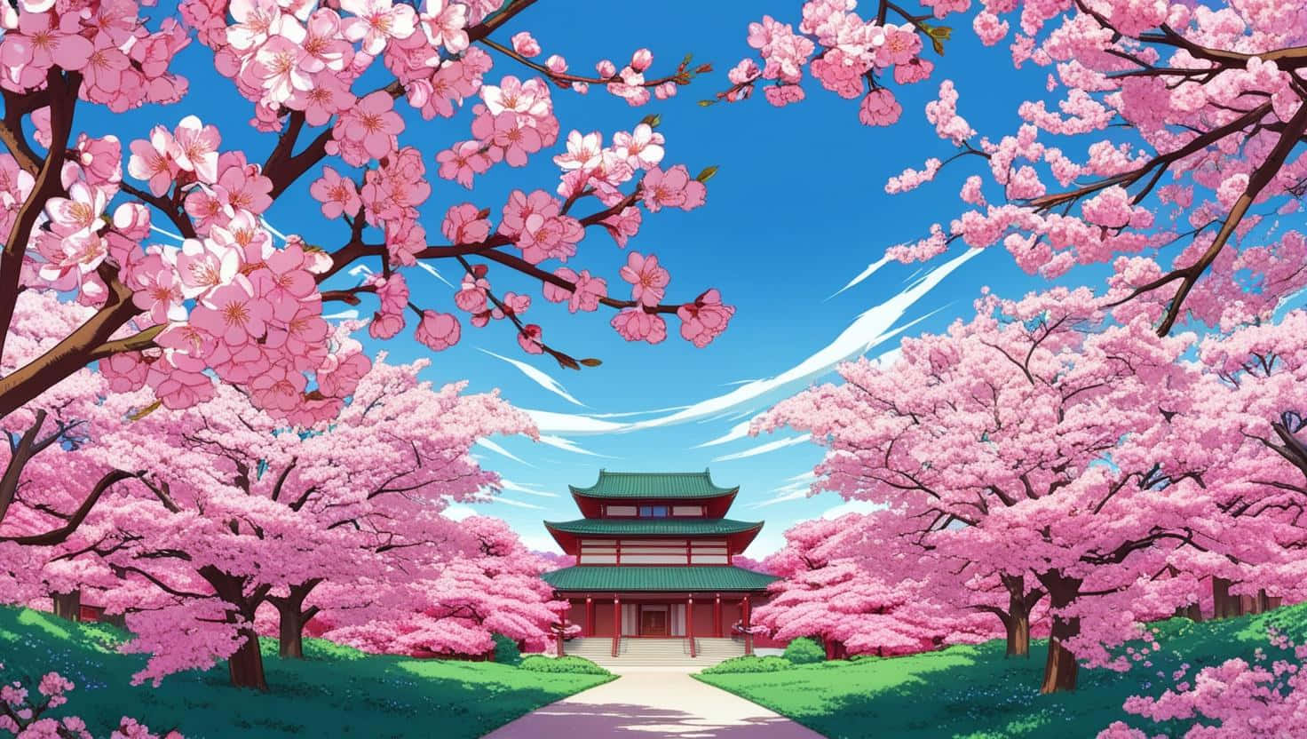 anime style, red and green pagoda, pink cherry blossom trees, HD Desktop Wallpaper
