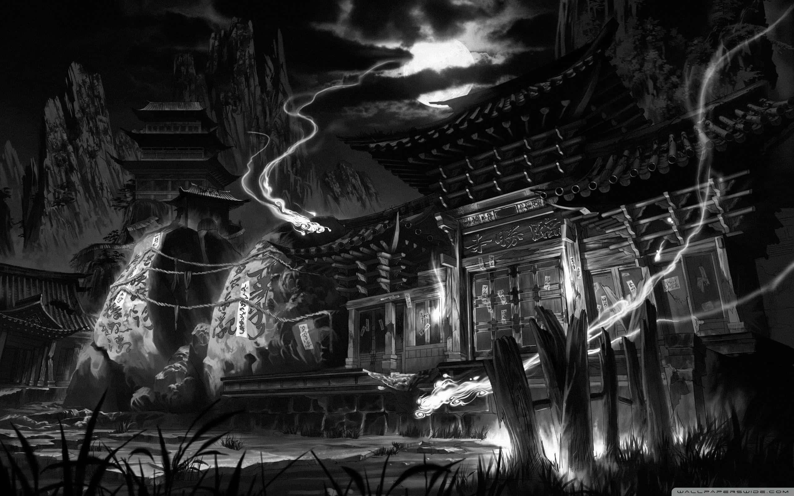Japanese Aesthetic Black, monochrome fantasy temple complex, jagged cliffs, 2K Desktop Wallpaper