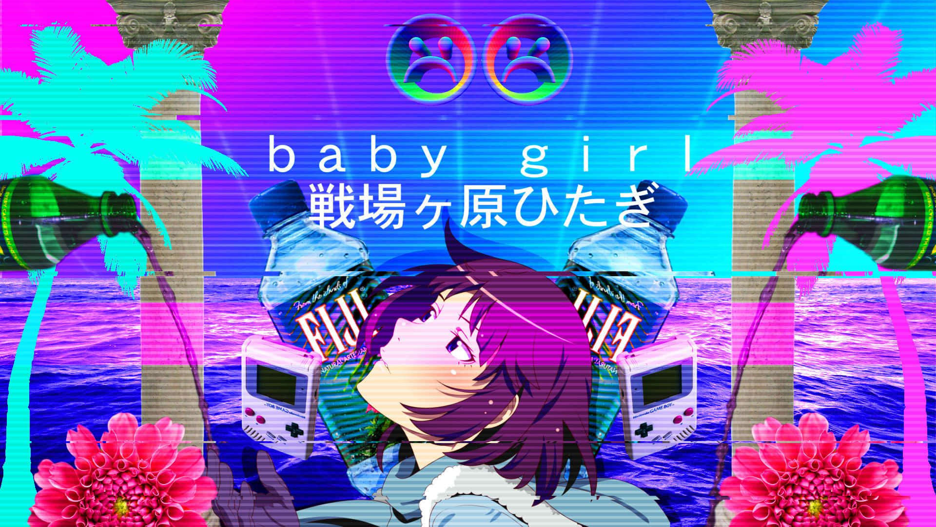 anime girl, purple hair, neon palm trees, Full HD Desktop Wallpaper