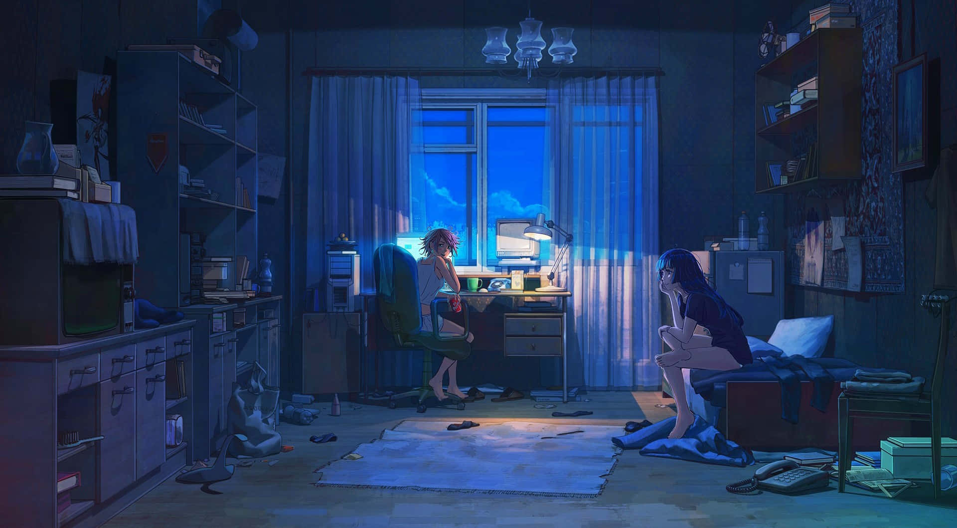 cherry blossoms, anime girls, cluttered bedroom, Full HD Desktop Wallpaper