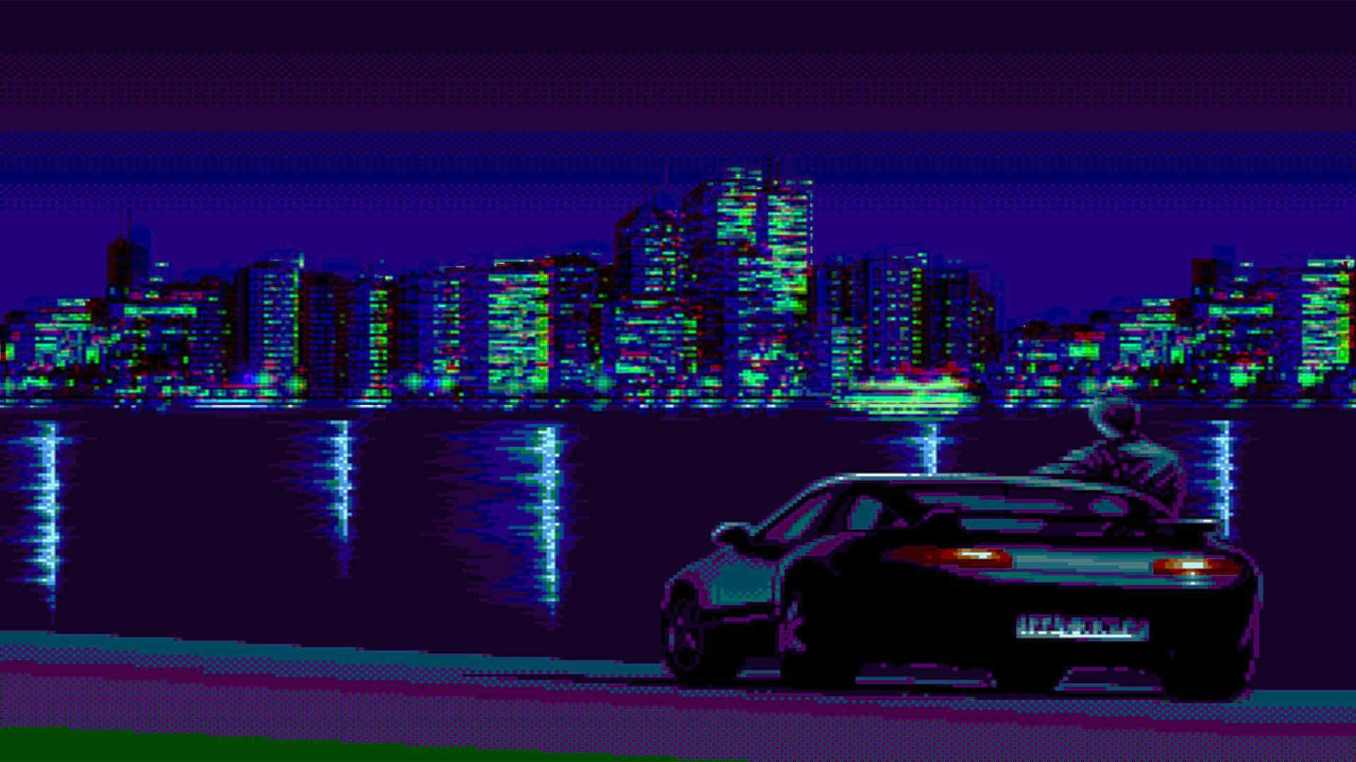 pixel-art sports car, waterfront, night, Full HD Desktop Wallpaper
