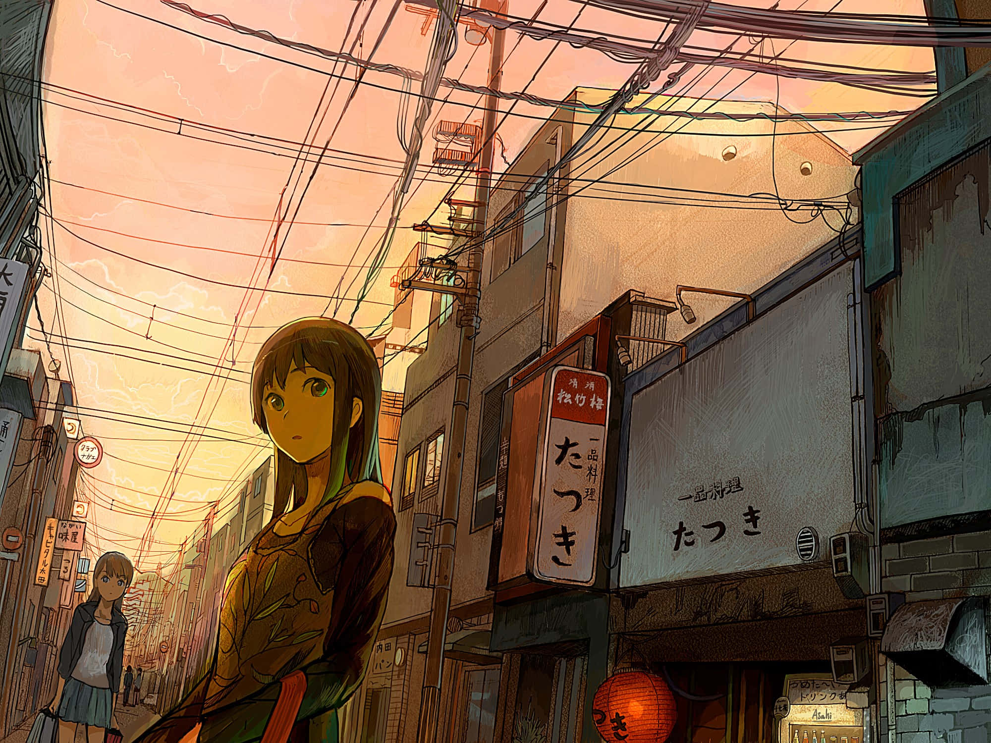 traditional Japanese aesthetic, anime girl, narrow Japanese alleyway, Full HD Desktop Wallpaper