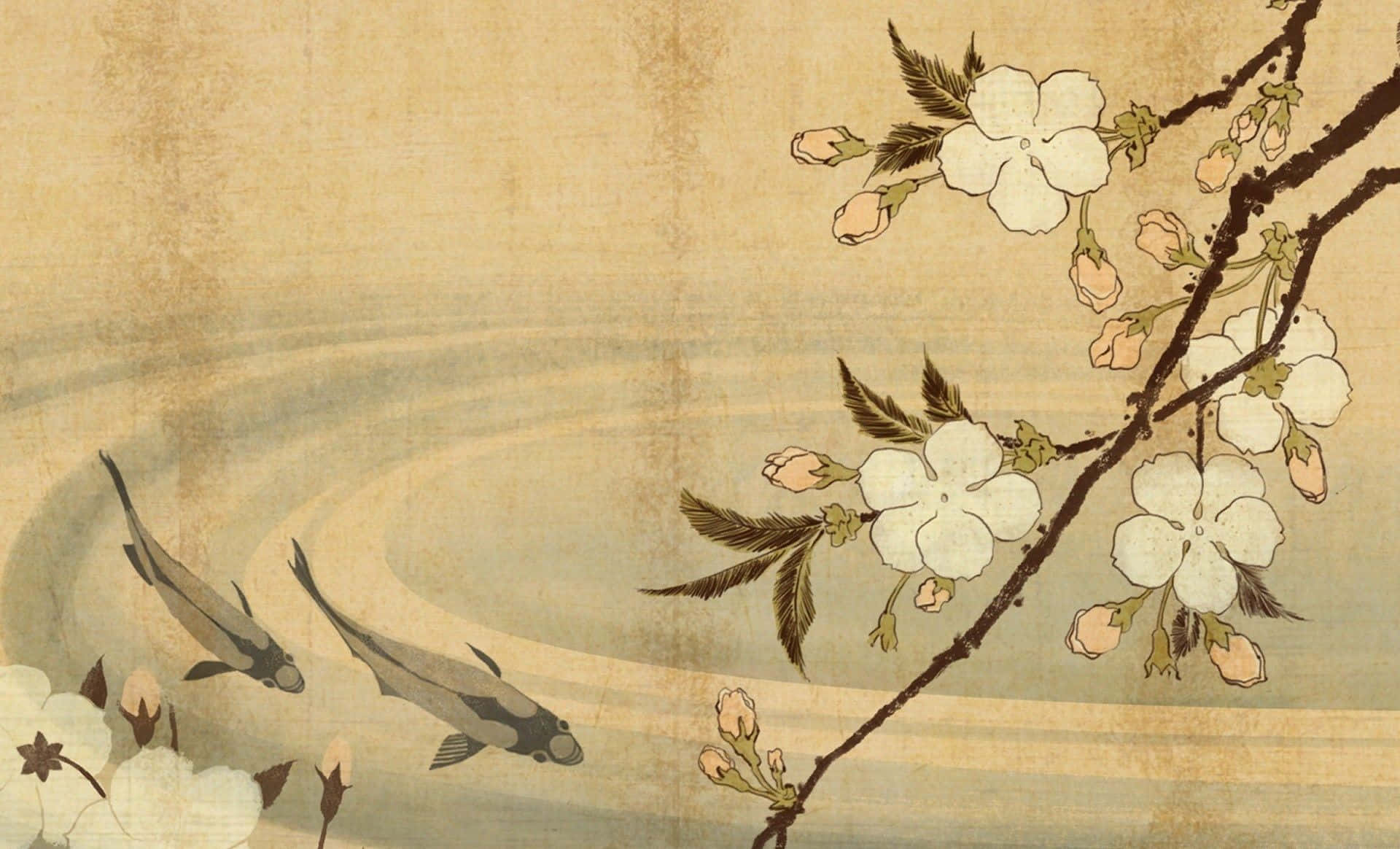 Japanese Aesthetic Desktop, koi fish, blossoming cherry branch, Full HD Desktop Wallpaper
