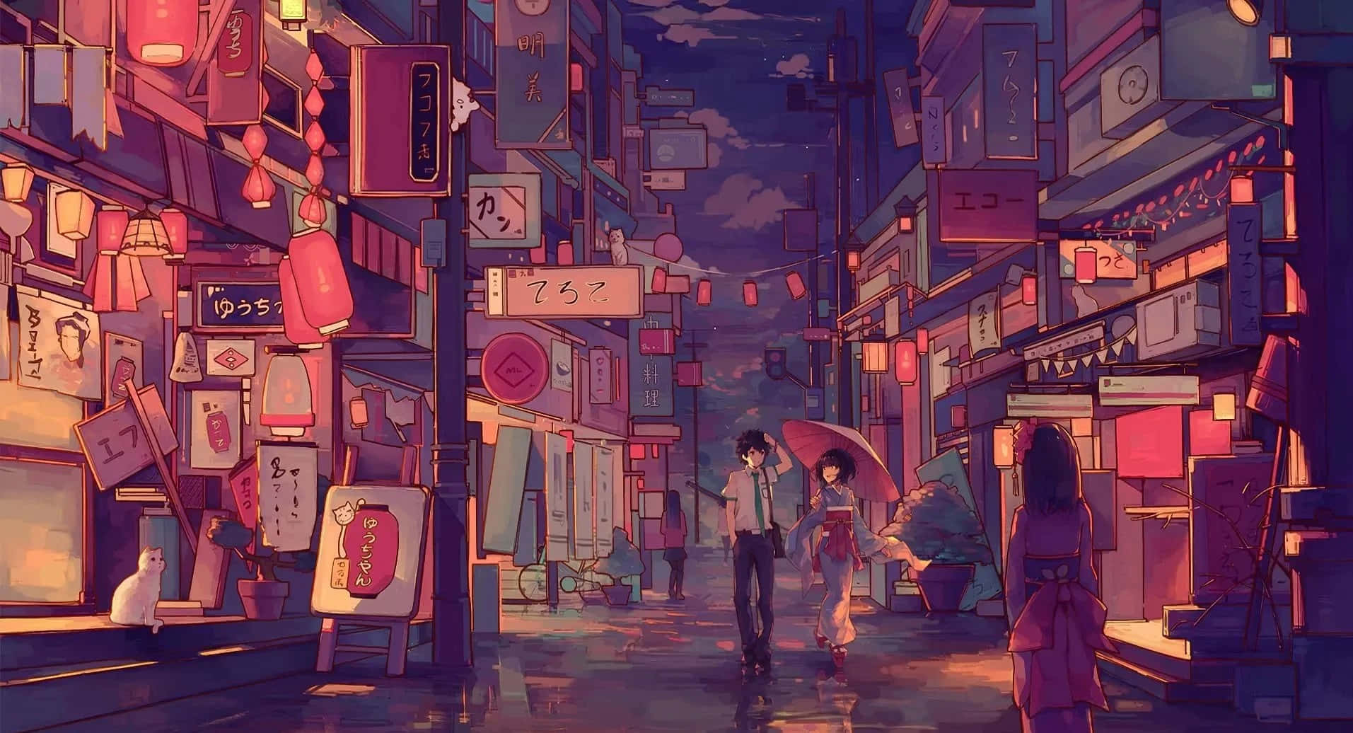 Japanese Aesthetic Couple Art Desktop, rainy anime street, dusk, HD Desktop Wallpaper