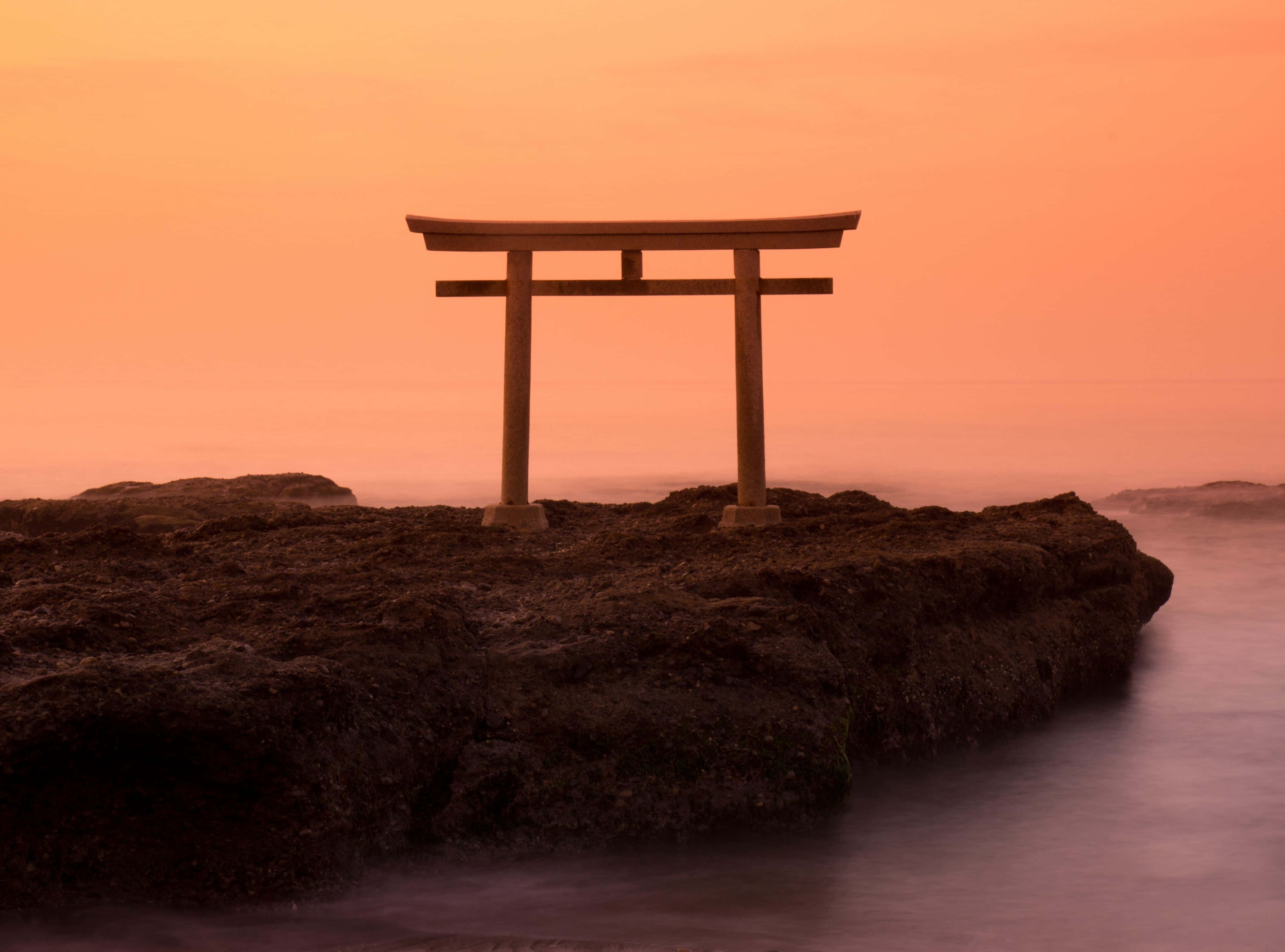 torii gate, rocky shore, sunset, 4K Desktop Wallpaper