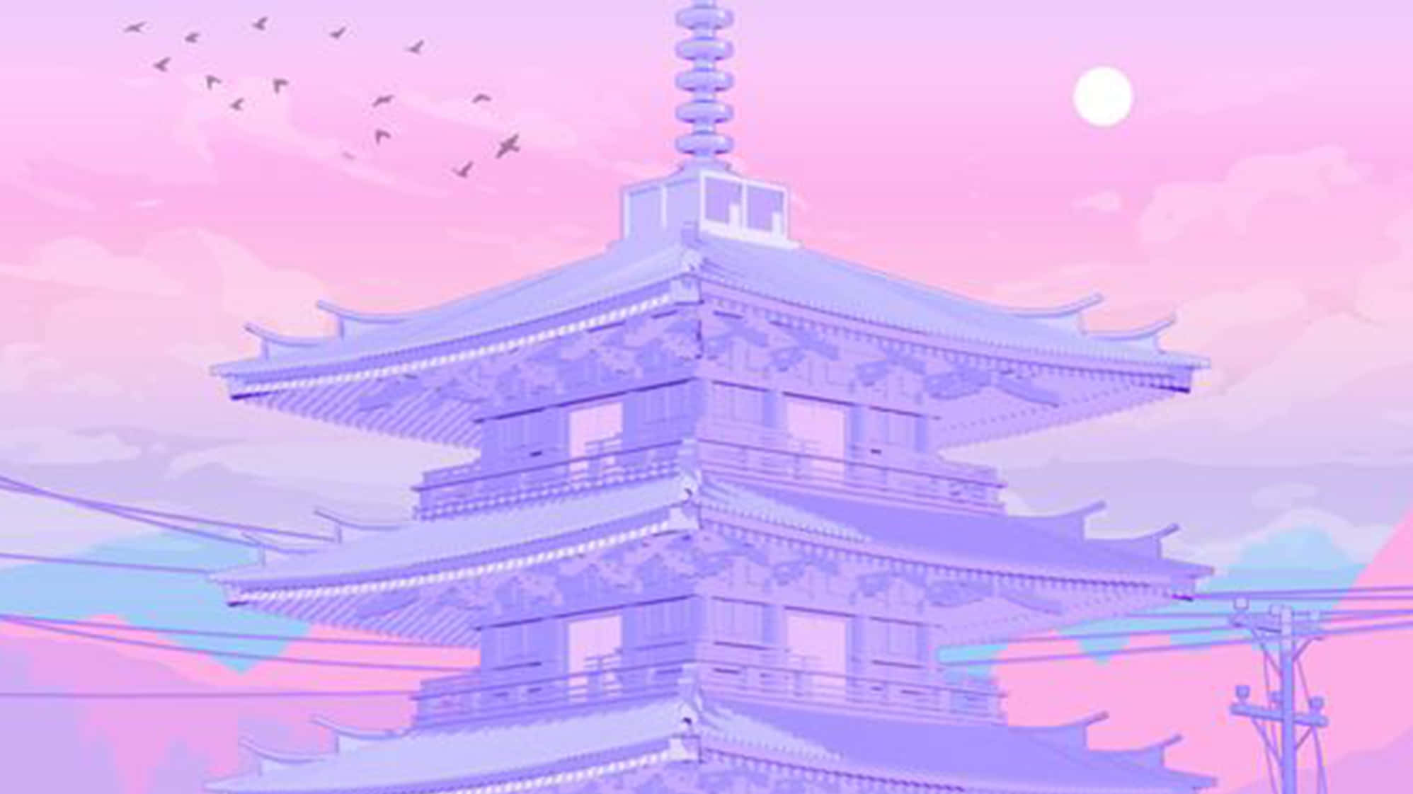 purple pagoda, pink sky, full moon, Full HD Desktop Wallpaper