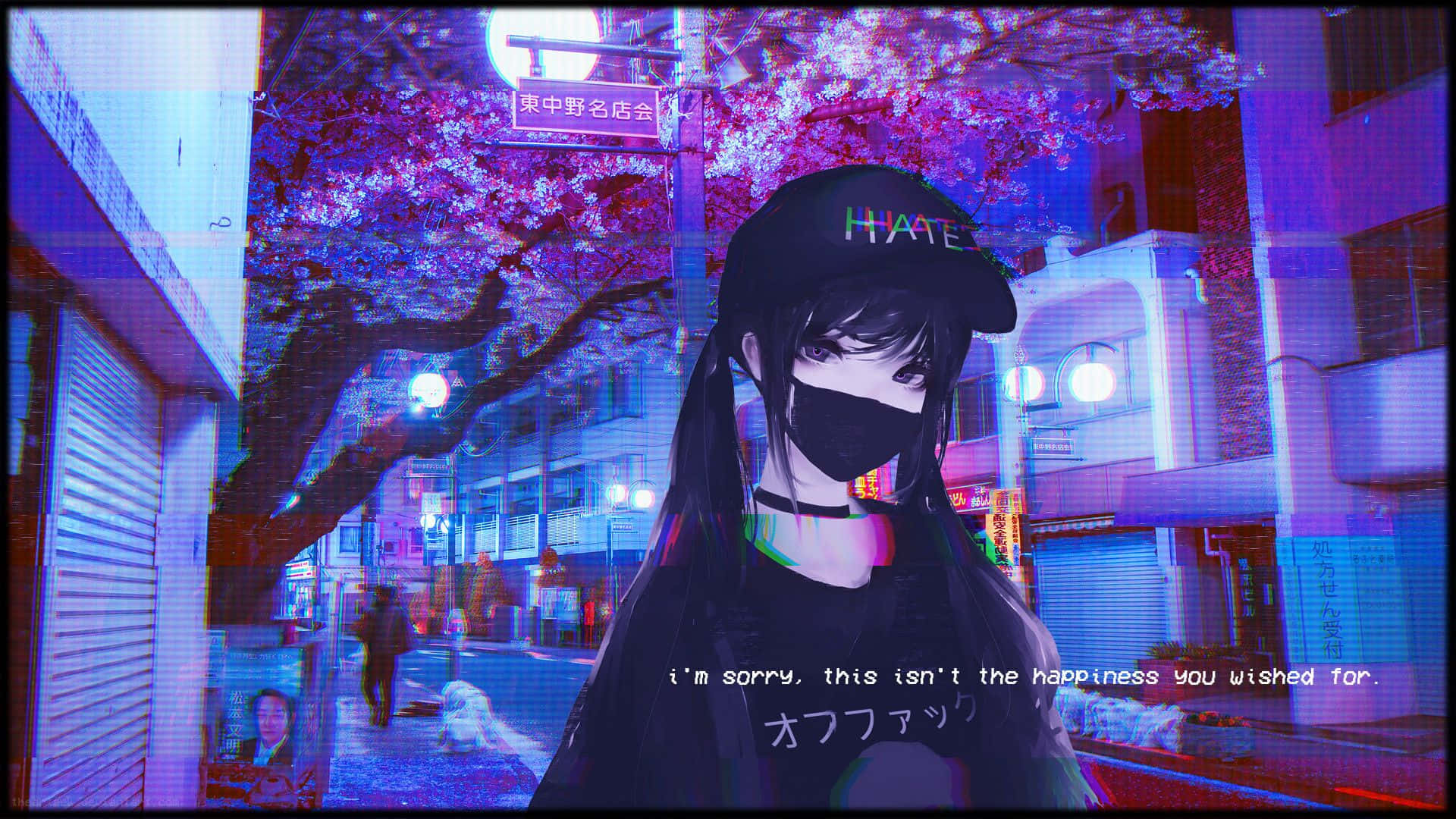 masked anime girl, glowing cherry blossoms, neon-drenched cyberpunk street, Full HD Desktop Wallpaper