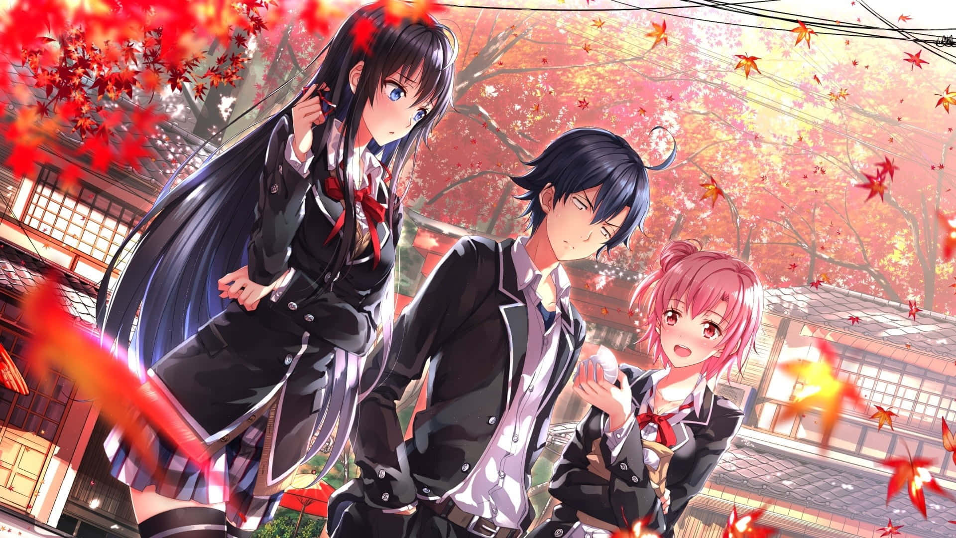 anime teens, school uniforms, vibrant red maple leaves, Full HD Desktop Wallpaper