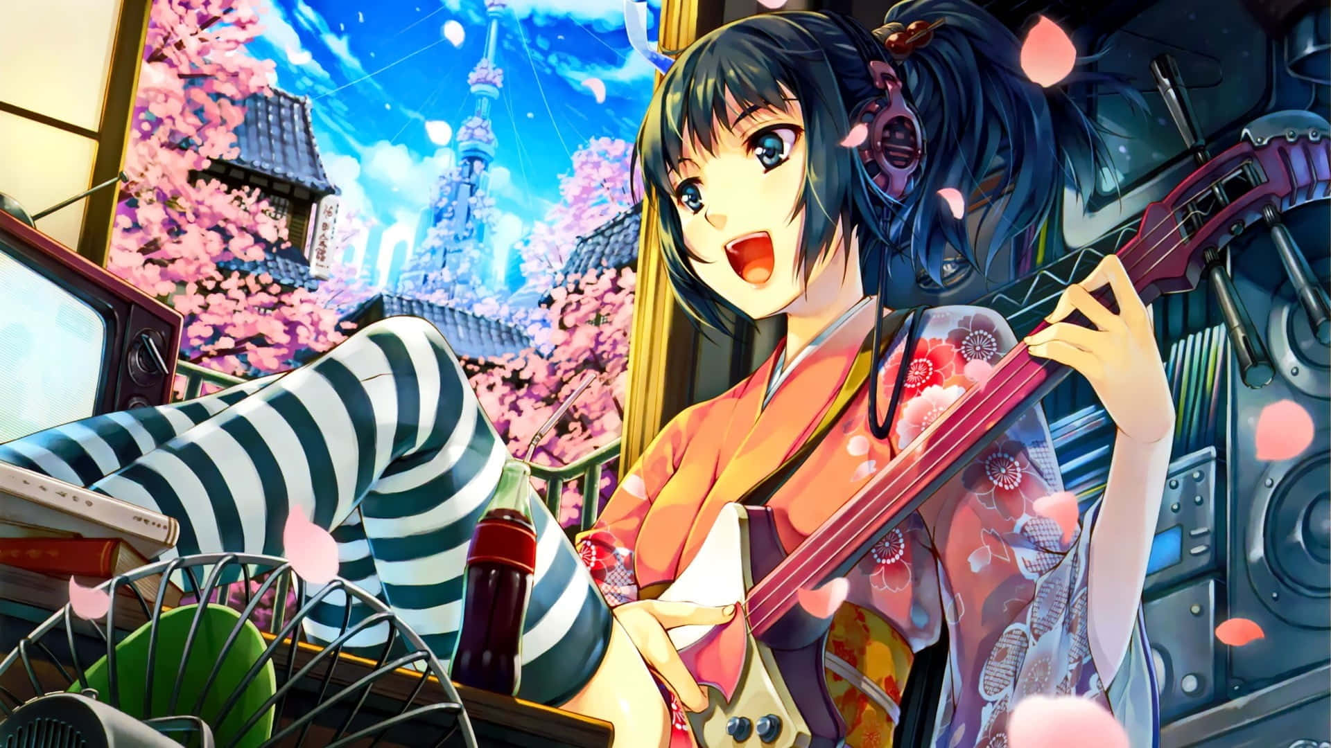 anime girl, kimono, bass guitar, Full HD Desktop Wallpaper