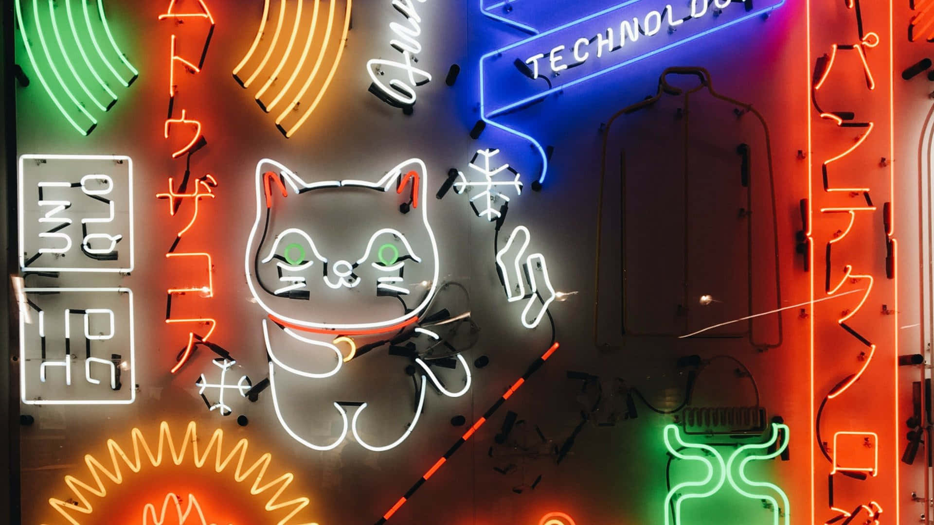 traditional kimono, neon signs, cartoon cat, Full HD Desktop Wallpaper