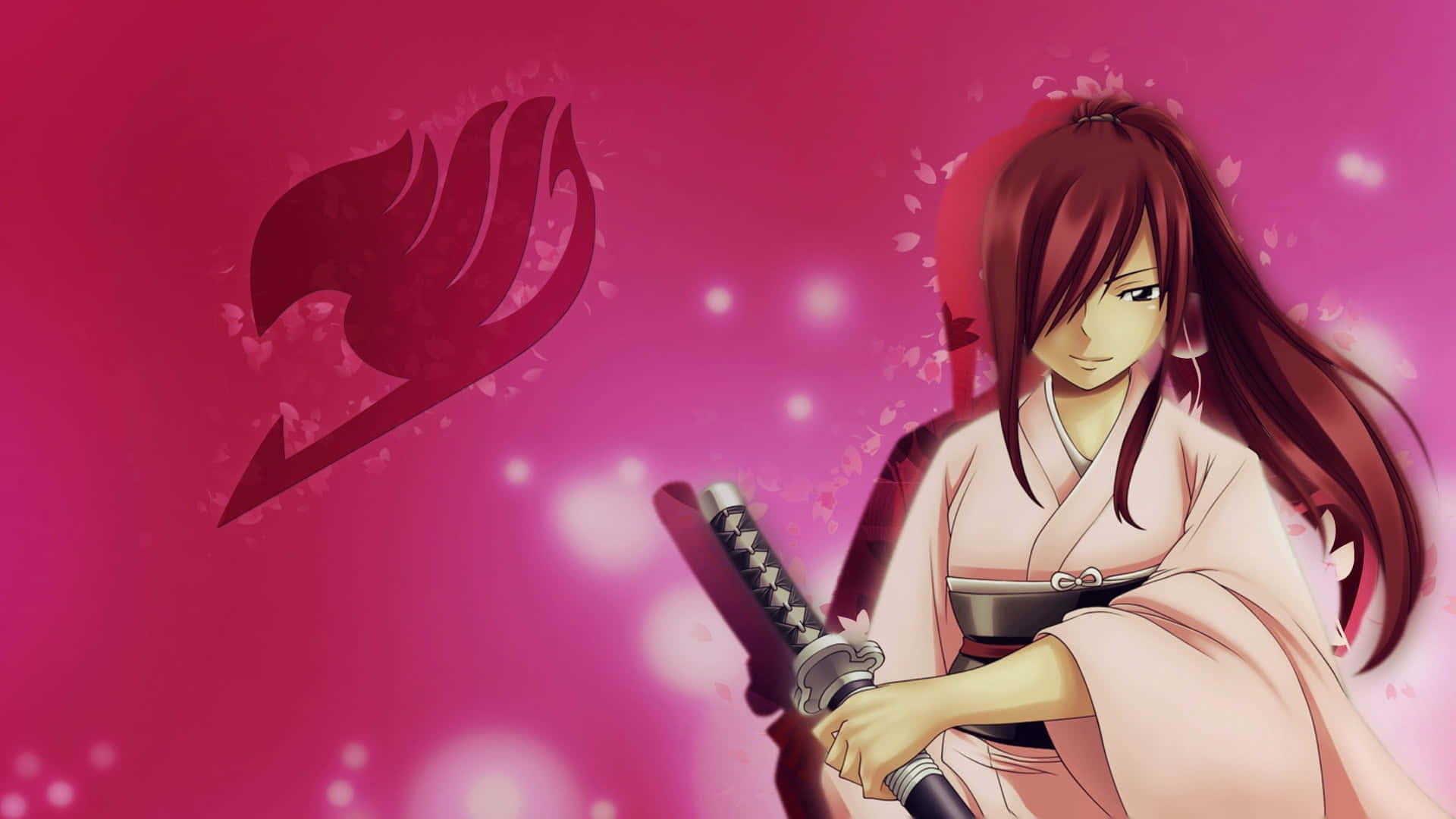 anime girl, long red hair, pink kimono, Full HD Desktop Wallpaper