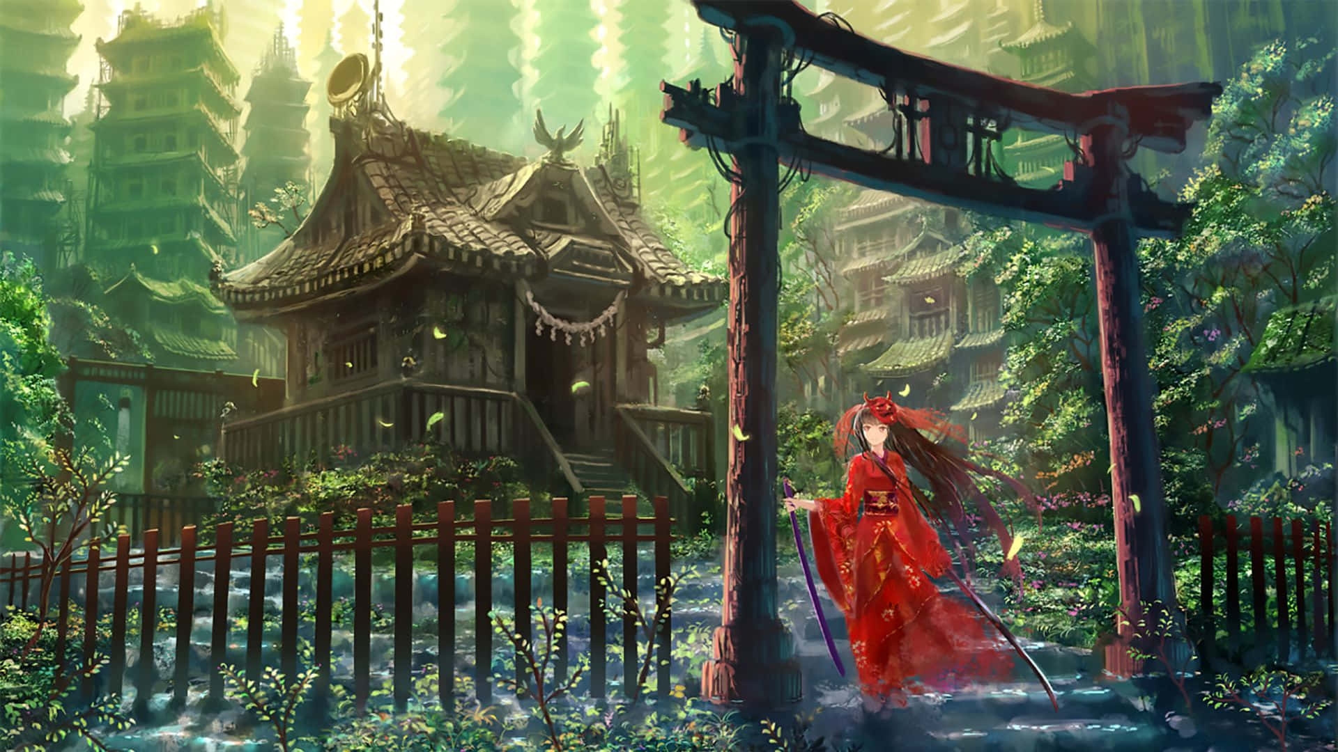 red-robed anime girl, torii gate, misty forest, Full HD Desktop Wallpaper