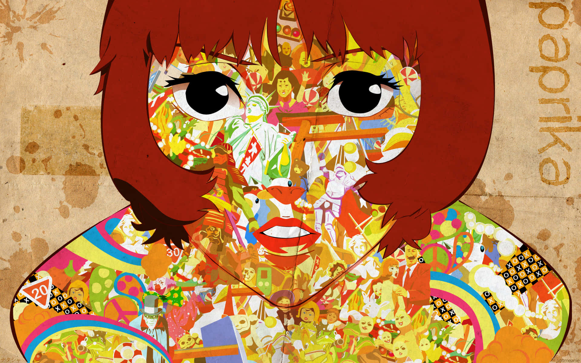 anime-style, red hair, collage of colorful pop culture icons and symbols, Full HD Desktop Wallpaper