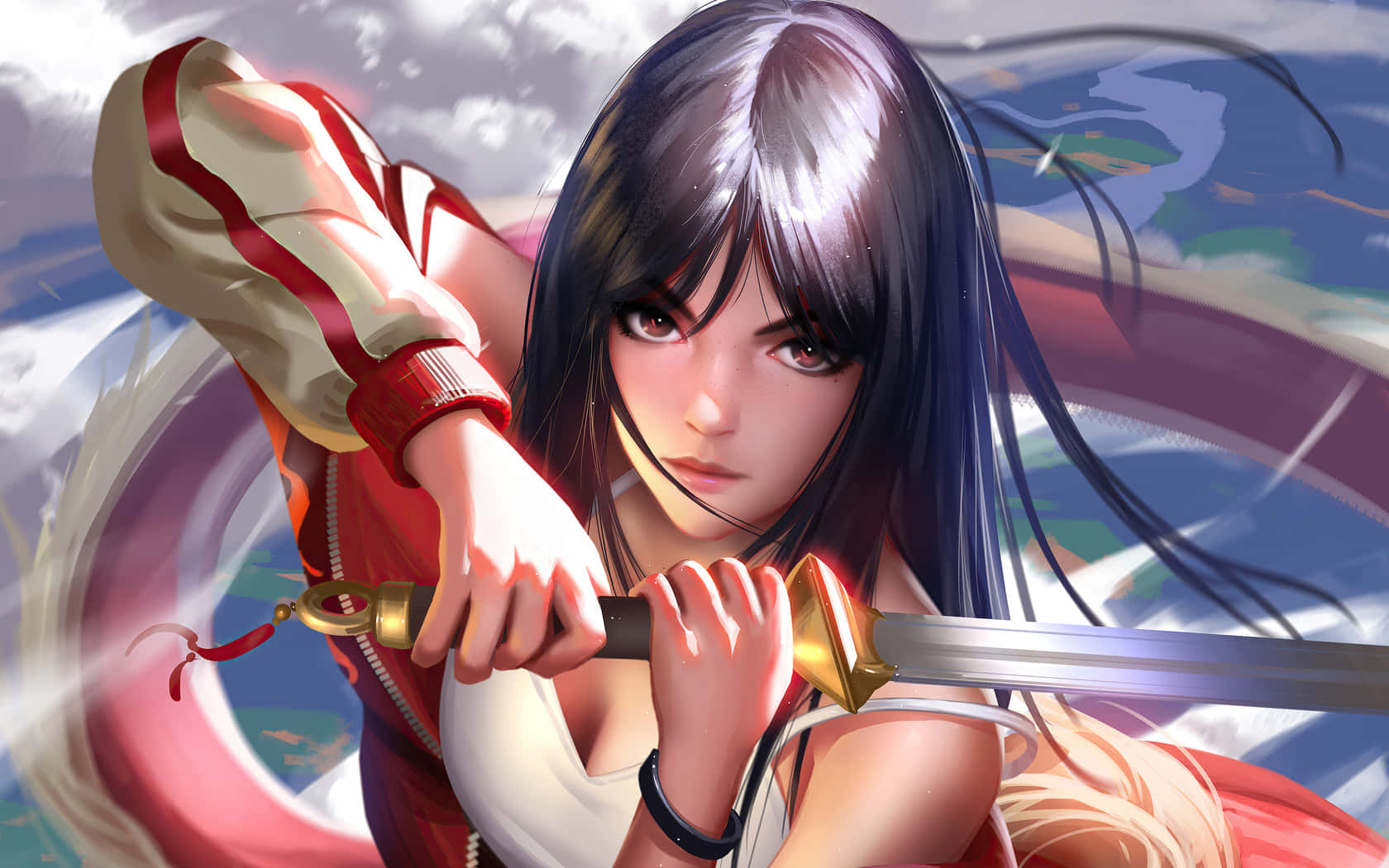 anime girl, dark hair, glowing sword, HD Desktop Wallpaper