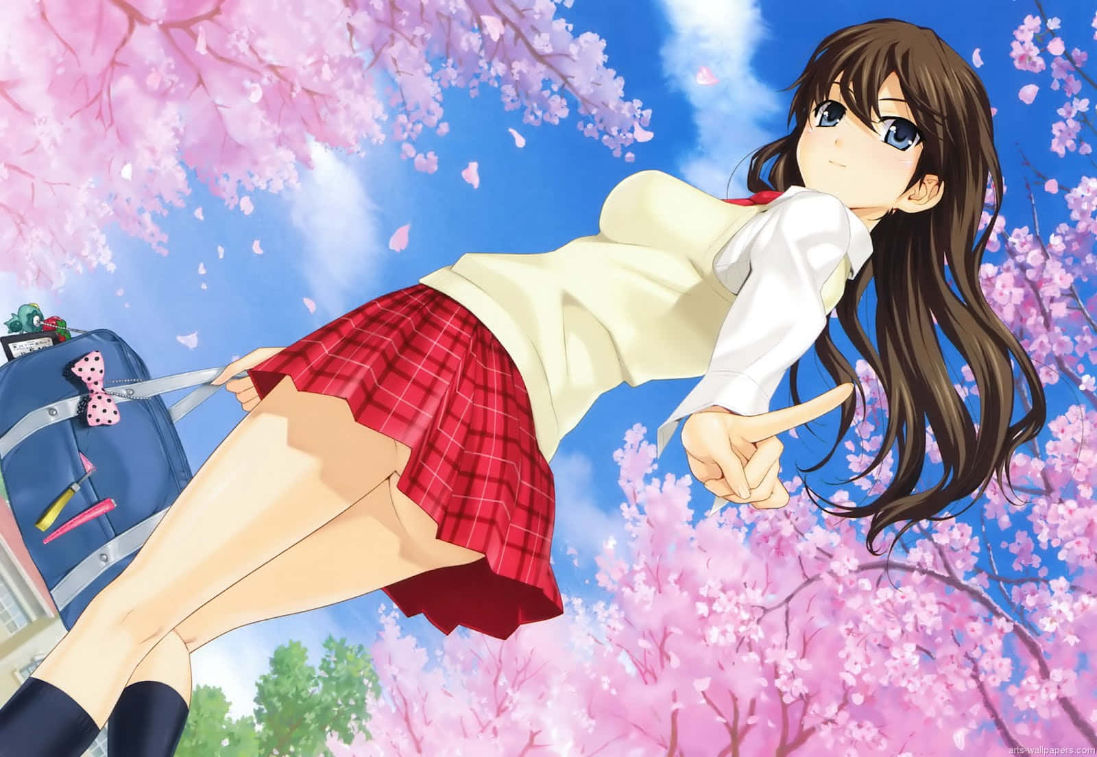 anime girl, school uniform, pink cherry blossoms, HD Desktop Wallpaper