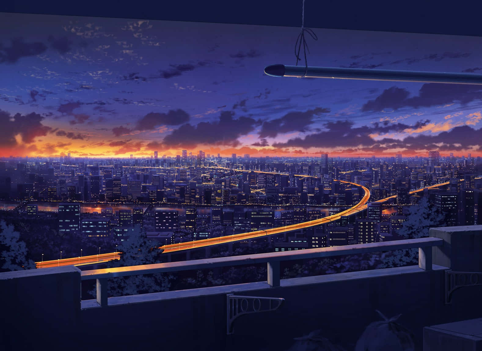 anime cityscape, dusk, glowing highways, HD Desktop Wallpaper