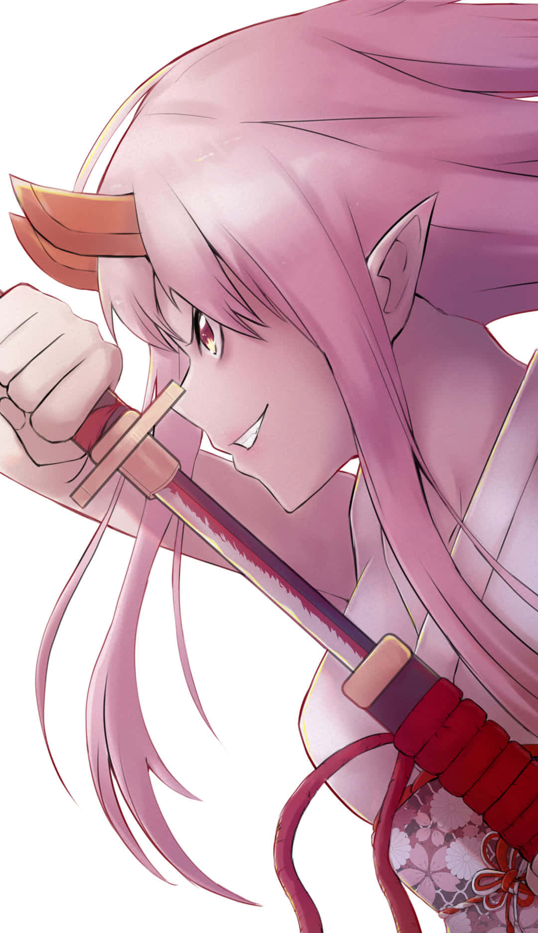 pink-haired anime girl, fox ears, katana, HD Phone Wallpaper